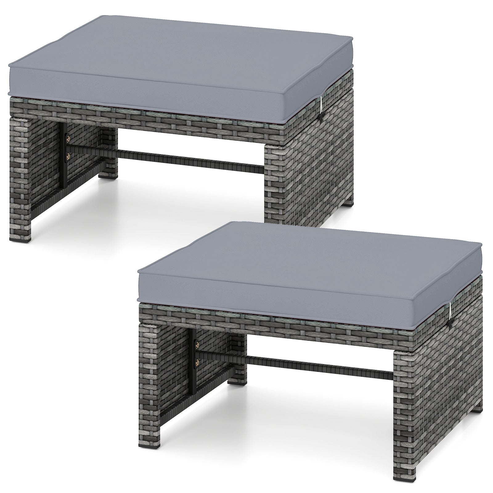 2 Pieces Patio PE Rattan Ottomans, With Zippered Cushions, Gray Outdoor Seating & Patio Chairs Gray at Gallery Canada