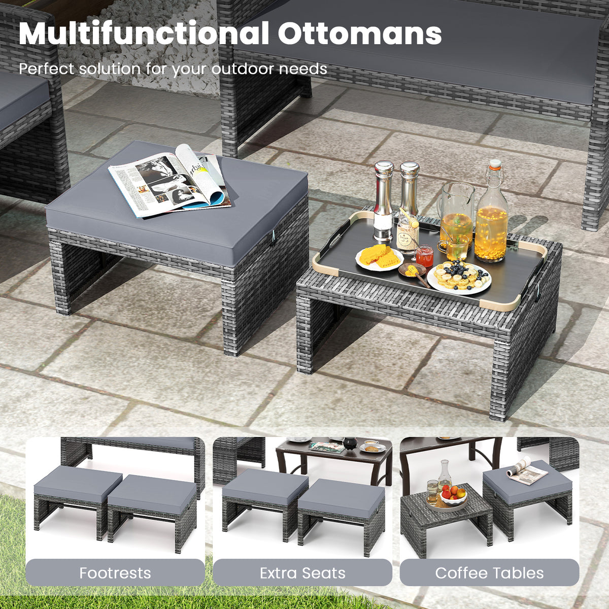 2 Pieces Patio PE Rattan Ottomans, With Zippered Cushions, Gray Outdoor Seating & Patio Chairs at Gallery Canada