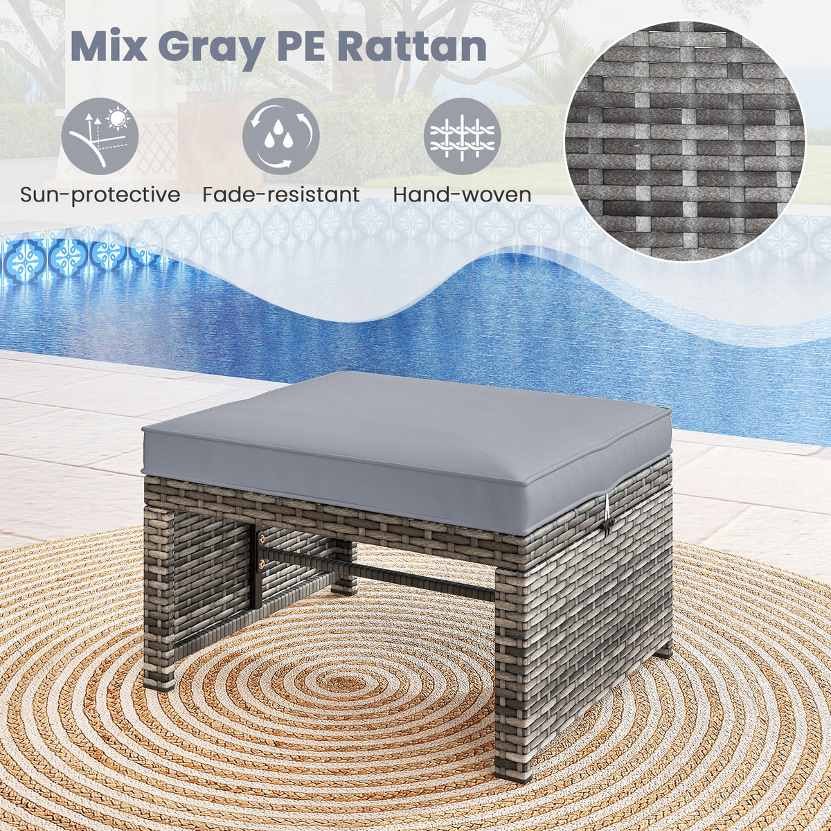 2 Pieces Patio PE Rattan Ottomans, With Zippered Cushions, Gray Outdoor Seating & Patio Chairs at Gallery Canada