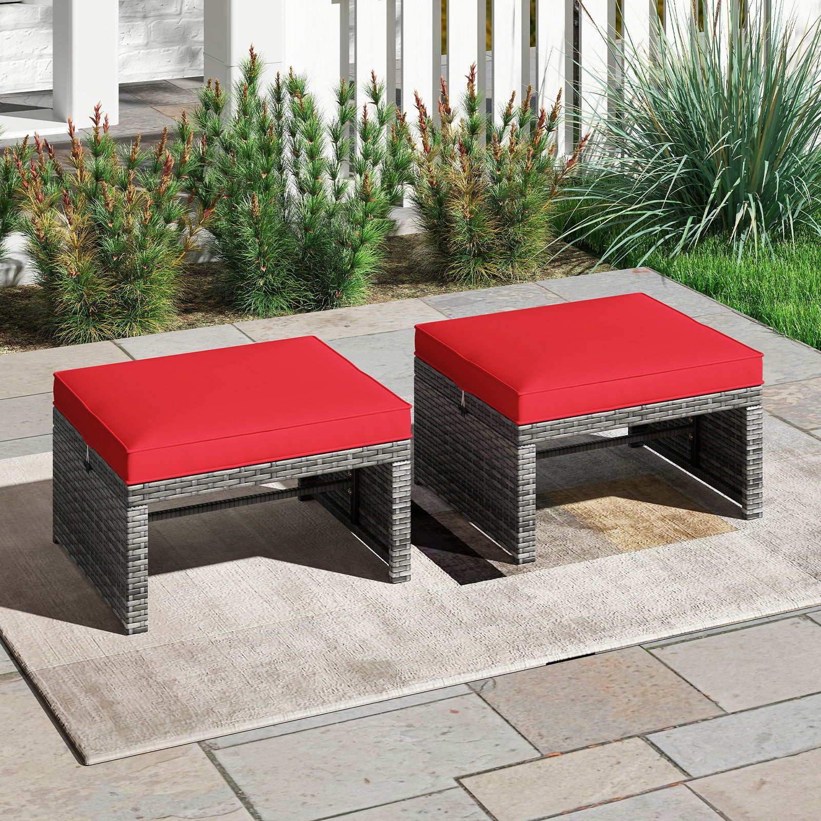 2 Pieces Patio PE Rattan Ottomans with Soft Zippered Cushions for Deck, Red Outdoor Seating & Patio Chairs at Gallery Canada
