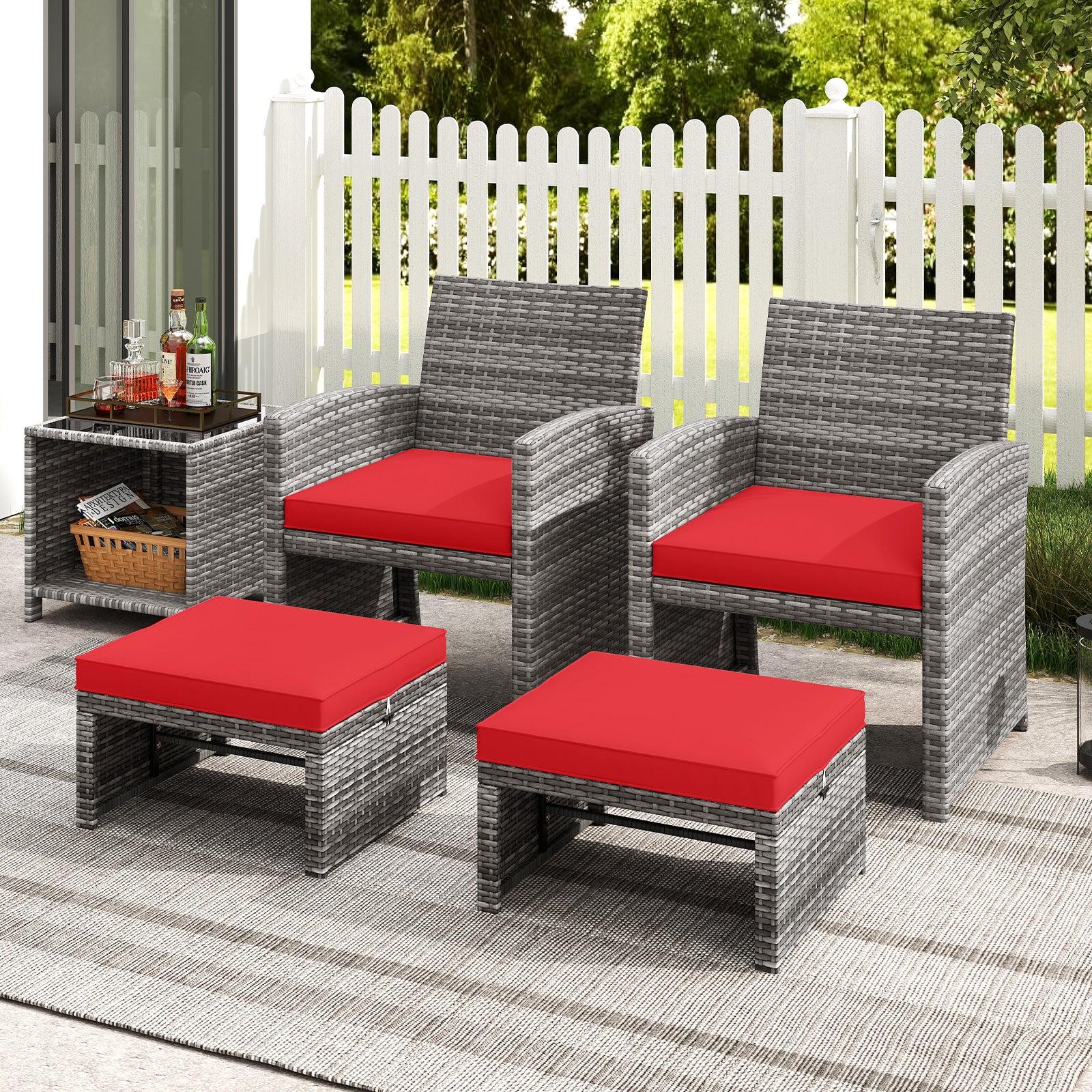 2 Pieces Patio PE Rattan Ottomans with Soft Zippered Cushions for Deck, Red Outdoor Seating & Patio Chairs at Gallery Canada