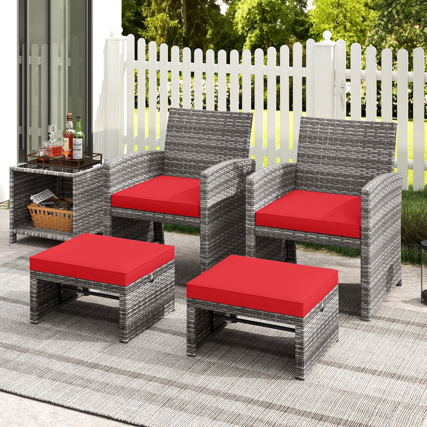 2 Pieces Patio PE Rattan Ottomans with Soft Zippered Cushions for Deck, Red Outdoor Seating & Patio Chairs at Gallery Canada