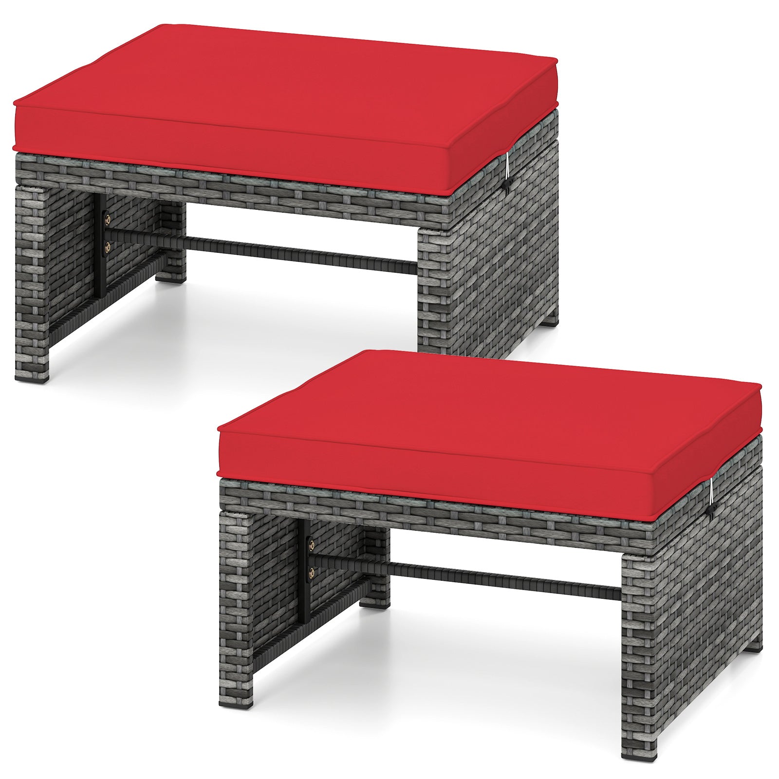 2 Pieces Patio PE Rattan Ottomans with Soft Zippered Cushions for Deck, Red Outdoor Seating & Patio Chairs at Gallery Canada