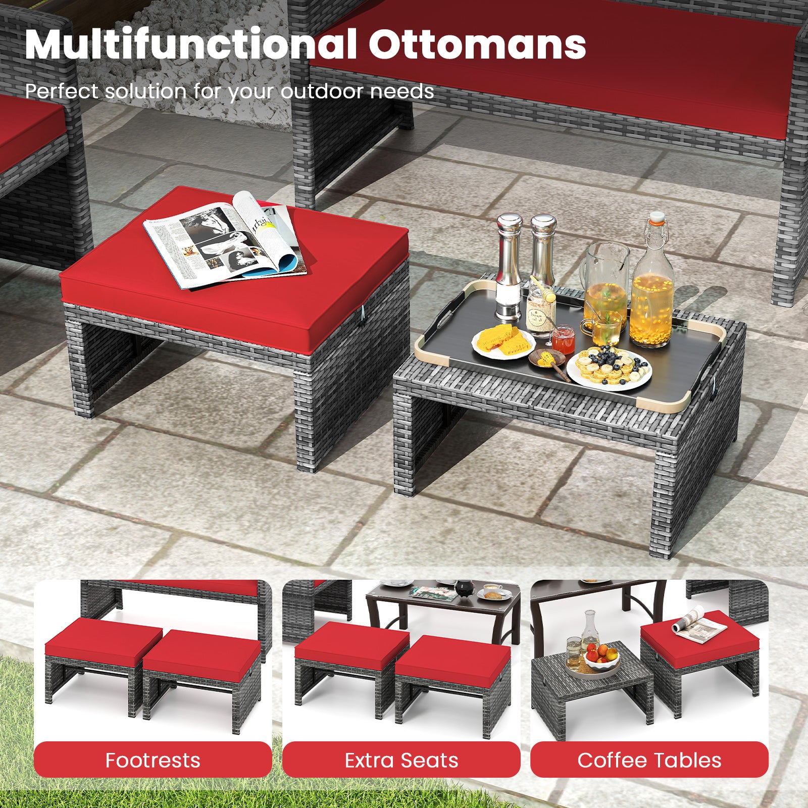 2 Pieces Patio PE Rattan Ottomans with Soft Zippered Cushions for Deck, Red Outdoor Seating & Patio Chairs at Gallery Canada