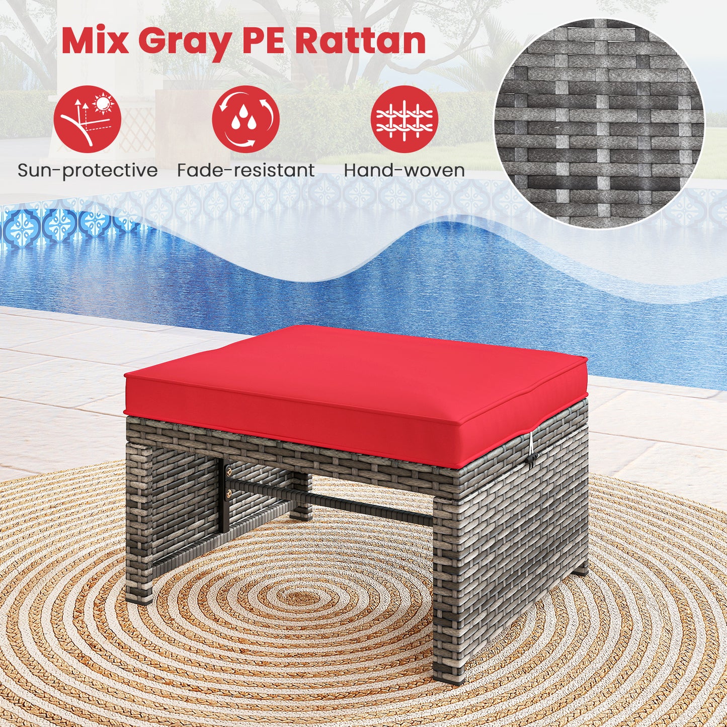 2 Pieces Patio PE Rattan Ottomans with Soft Zippered Cushions for Deck, Red Outdoor Seating & Patio Chairs at Gallery Canada