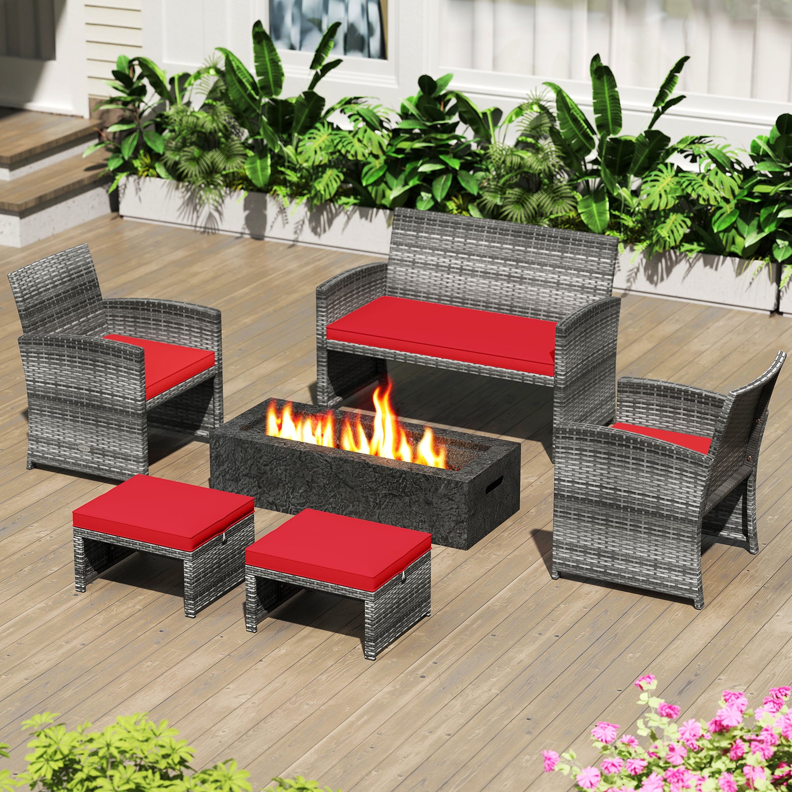 2 Pieces Patio PE Rattan Ottomans with Soft Zippered Cushions for Deck, Red Outdoor Seating & Patio Chairs at Gallery Canada