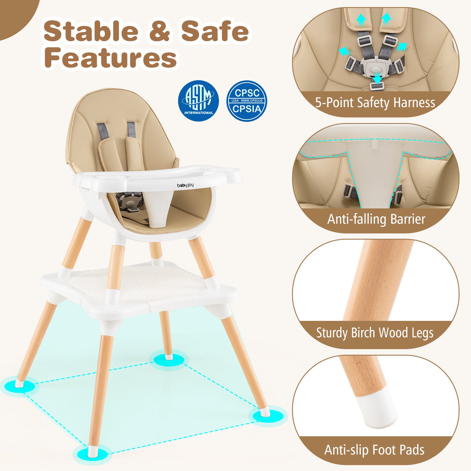 5-in-1 Baby Wooden Convertible High Chair , Beige High Chairs at Gallery Canada