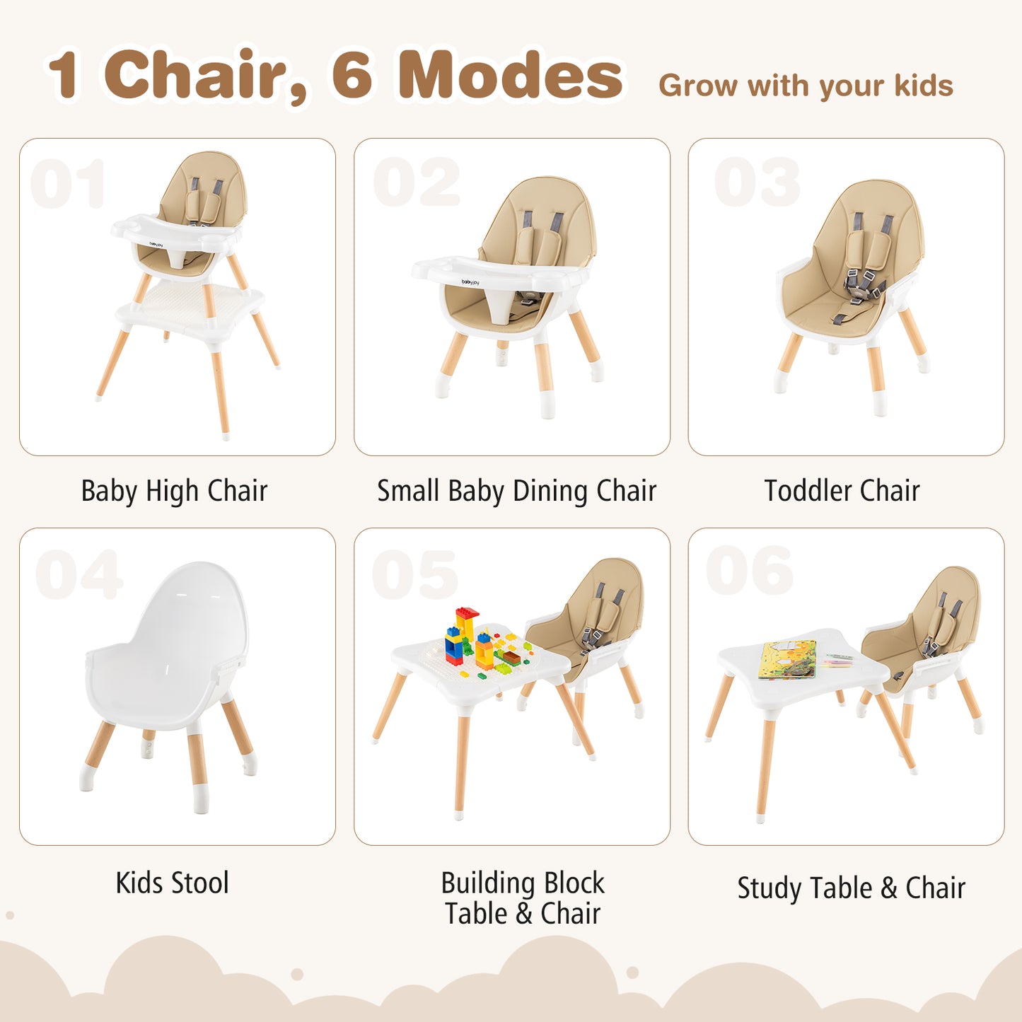 5-in-1 Baby Wooden Convertible High Chair , Beige High Chairs at Gallery Canada
