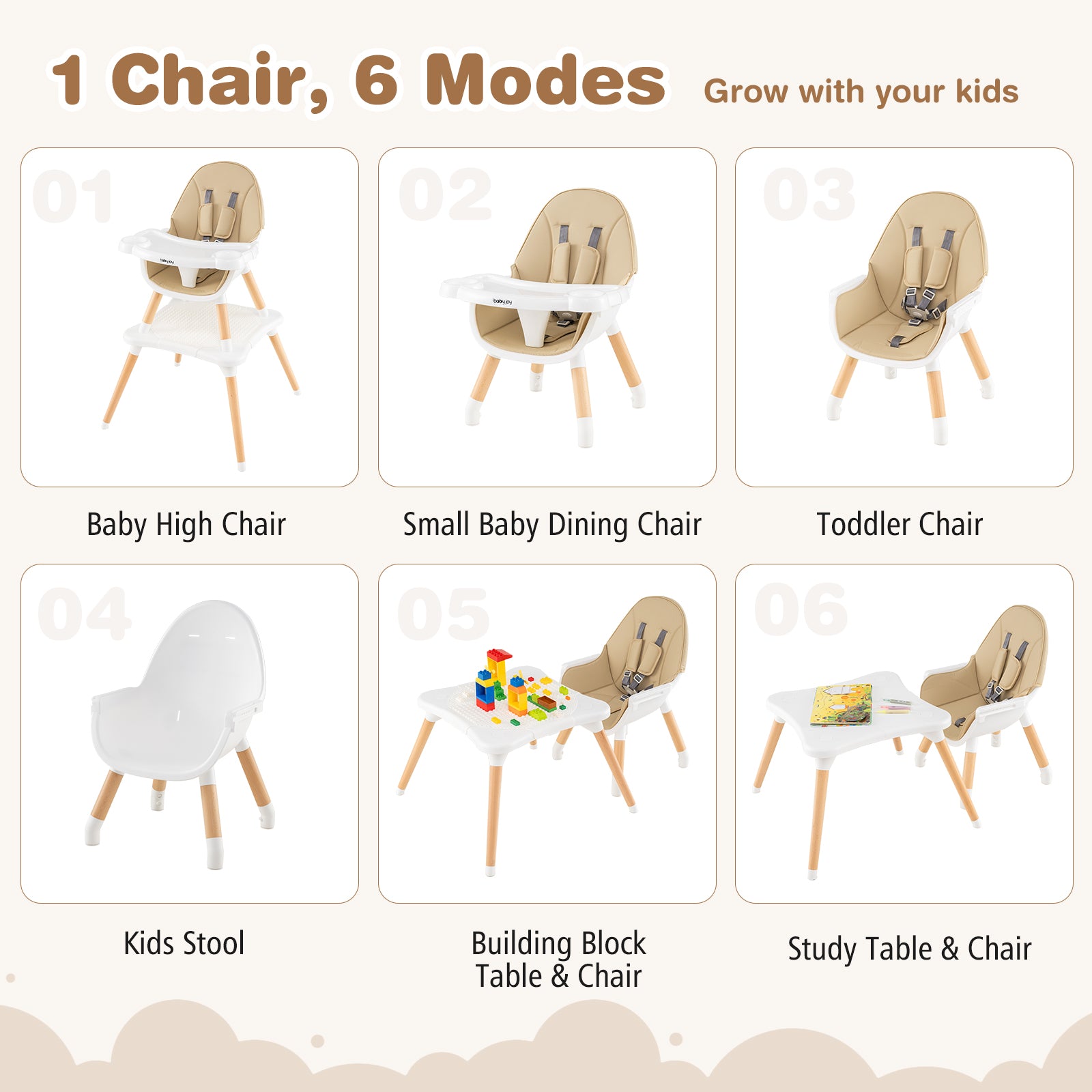 5-in-1 Baby Wooden Convertible High Chair , Beige High Chairs at Gallery Canada