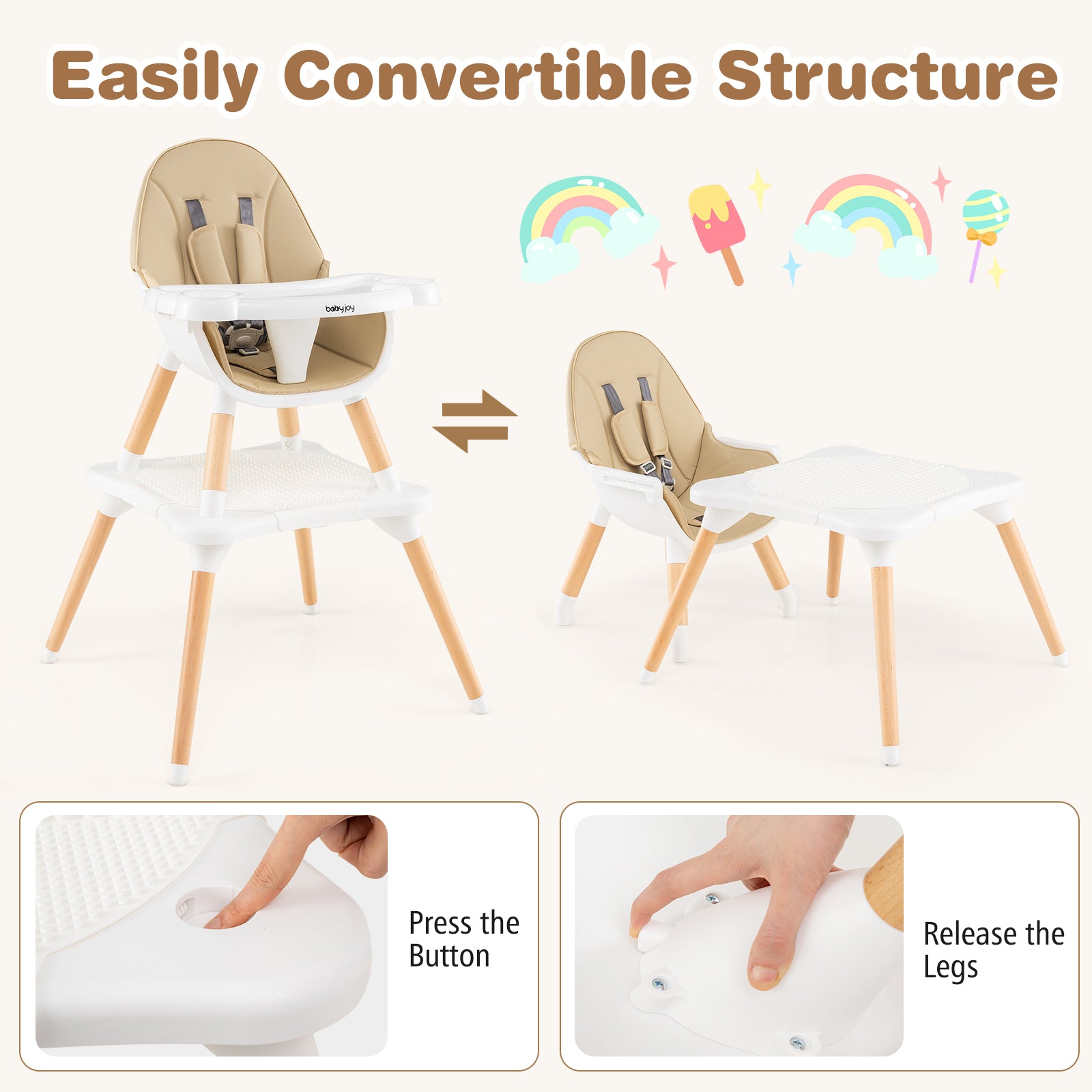 5-in-1 Baby Wooden Convertible High Chair , Beige High Chairs at Gallery Canada