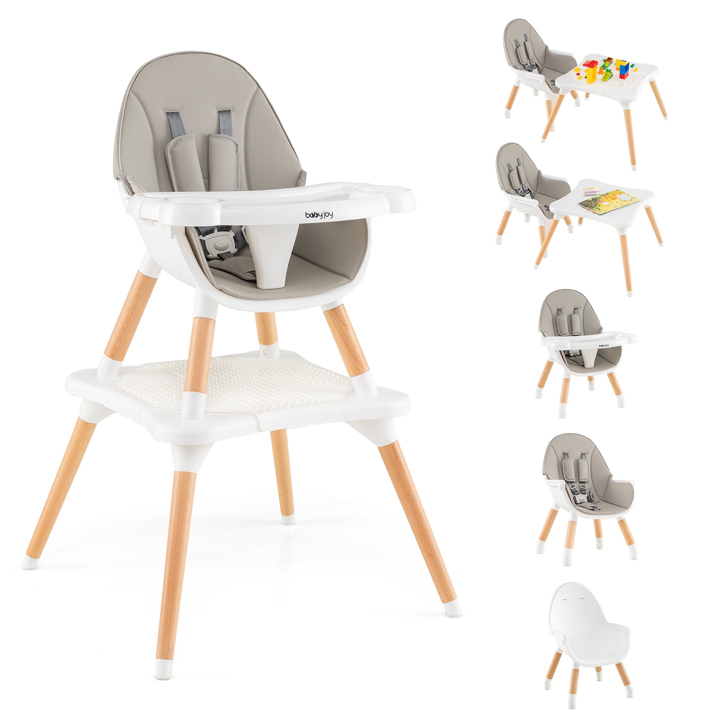5-In-1 Baby Wooden Convertible High Chair, Gray
