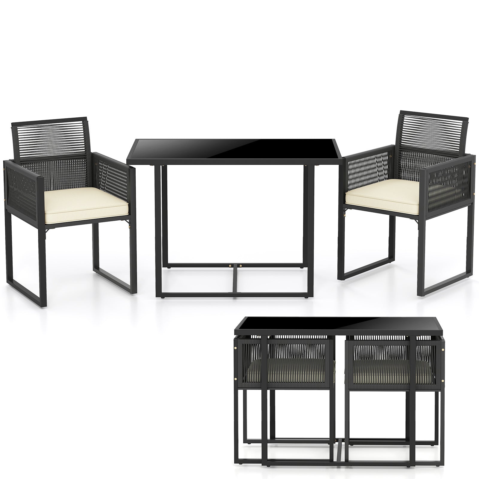 3 Pieces Patio Tempered Glass Top Table and Chairs Set for Porch Backyard, White Patio Conversation Sets at Gallery Canada
