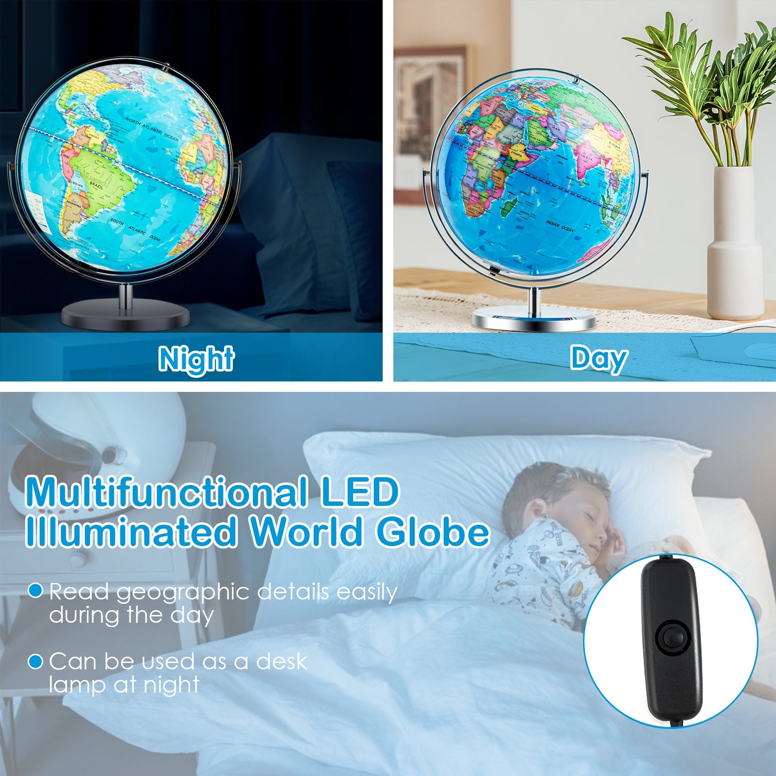 13 Inch Illuminated World Globe 720° Rotating Map with LED Light, Blue Learning Toys at Gallery Canada