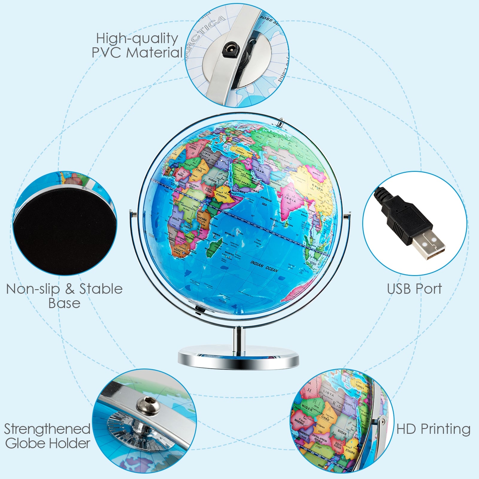 13 Inch Illuminated World Globe 720° Rotating Map with LED Light, Blue Learning Toys at Gallery Canada