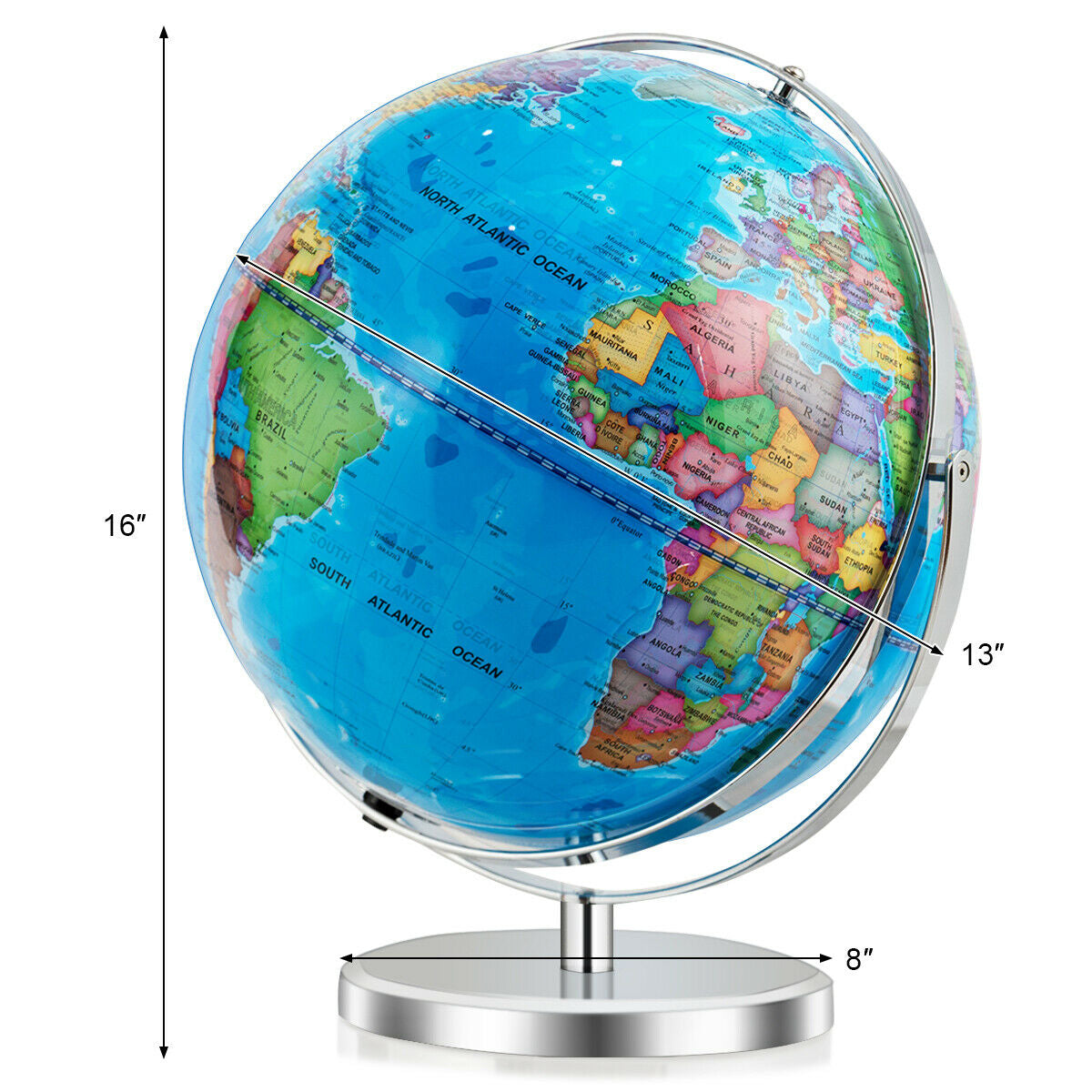 13 Inch Illuminated World Globe 720° Rotating Map with LED Light, Blue Learning Toys at Gallery Canada