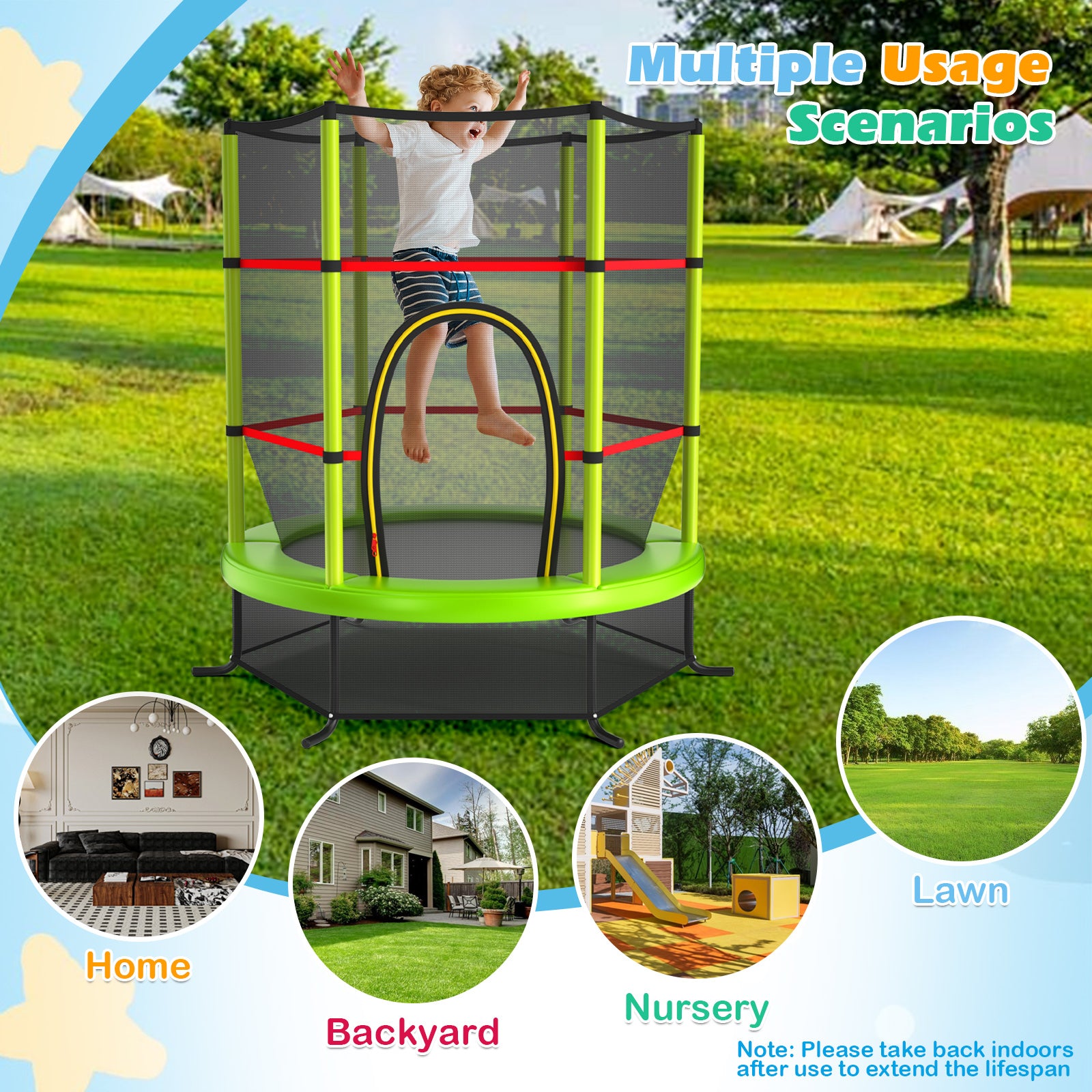 55 Inch Kids Recreational Trampoline Bouncing Jumping Mat with Enclosure Net, Green Trampolines at Gallery Canada