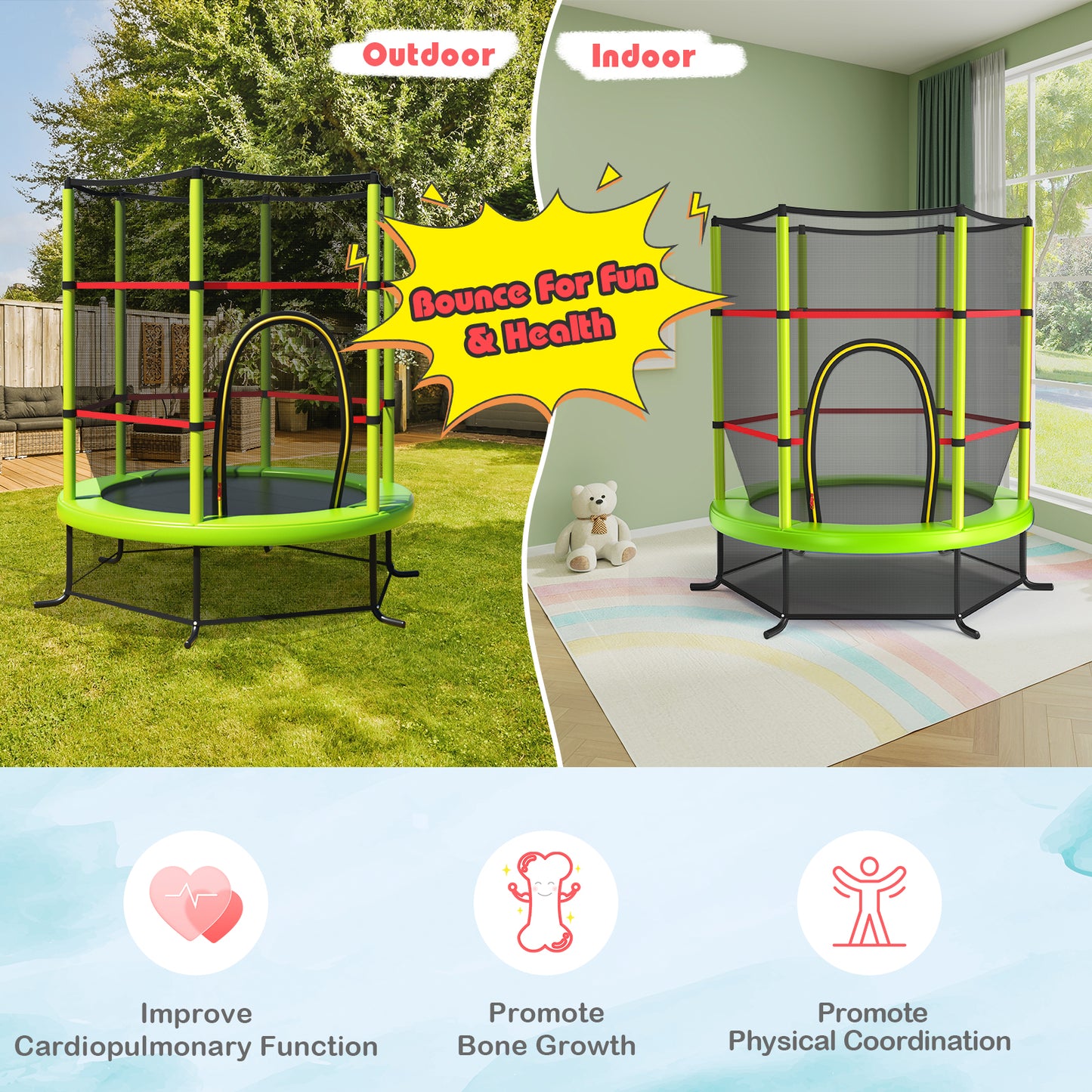 55 Inch Kids Recreational Trampoline Bouncing Jumping Mat with Enclosure Net, Green Trampolines at Gallery Canada