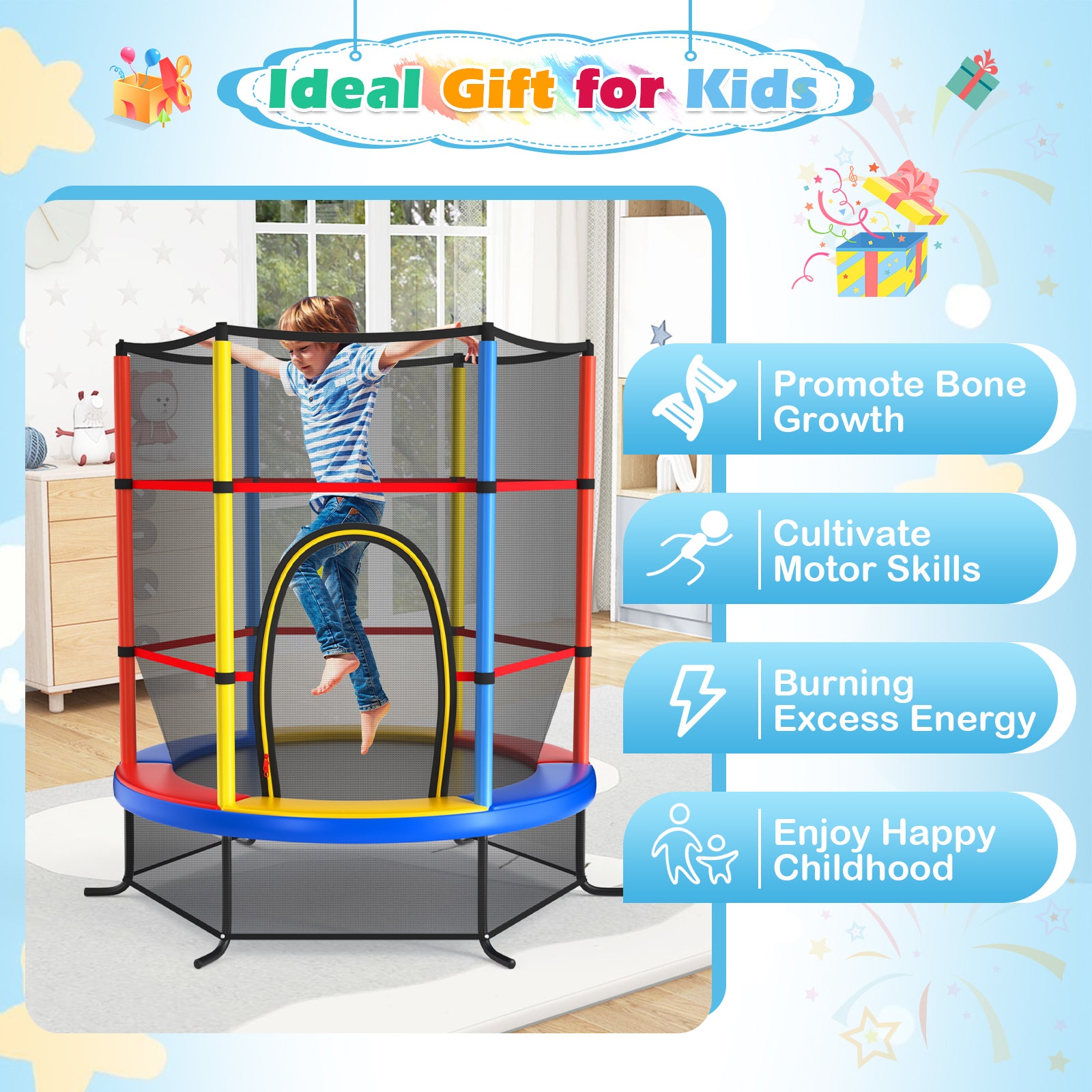 55 Inch Kids Recreational Trampoline Bouncing Jumping Mat with Enclosure Net, Yellow Trampolines at Gallery Canada