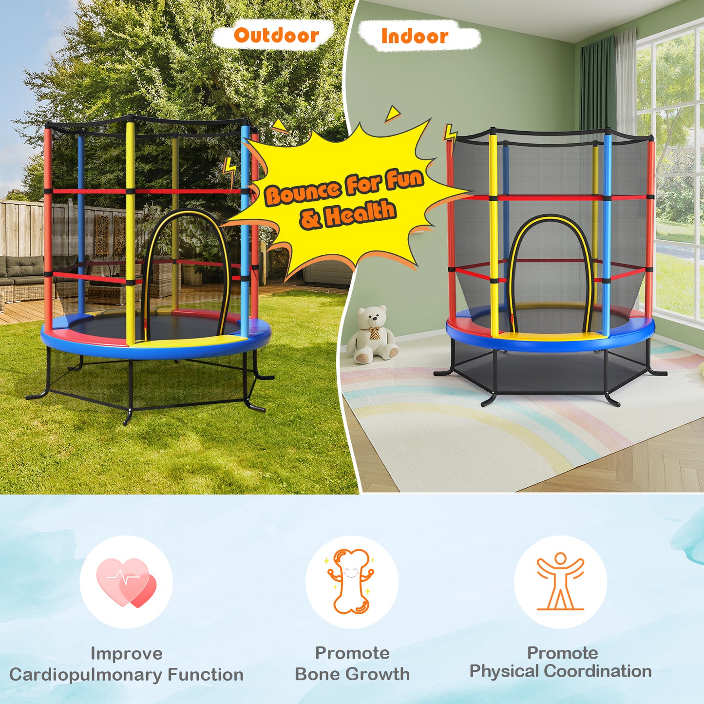 55 Inch Kids Recreational Trampoline Bouncing Jumping Mat with Enclosure Net, Yellow Trampolines at Gallery Canada