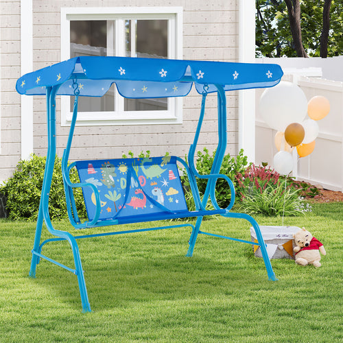2-Seater Kids Patio Swing with Metal Stand and Adjustable Canopy-Bule, Blue
