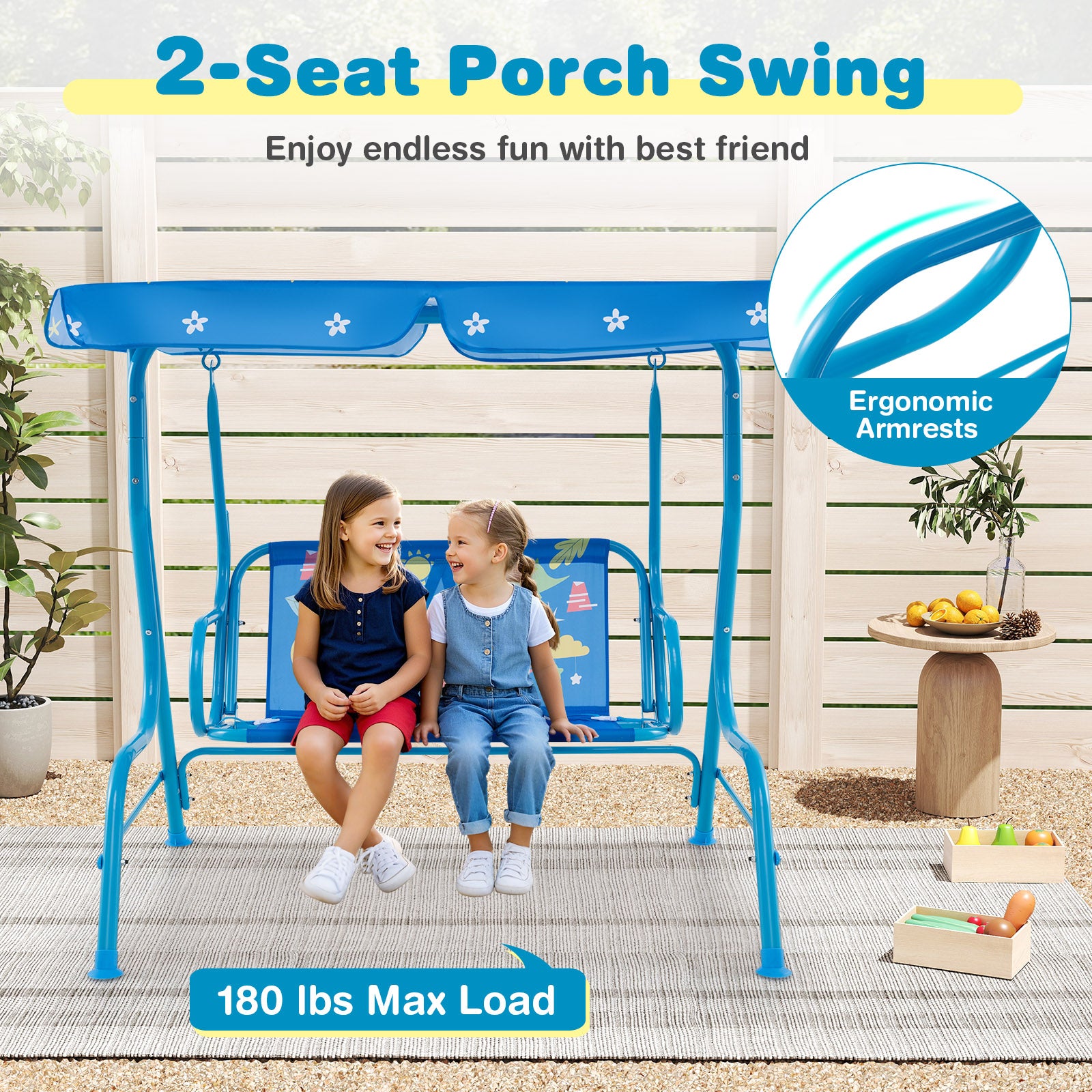 2-Seater Kids Patio Swing with Metal Stand and Adjustable Canopy-Bule, Blue Swing & Playsets at Gallery Canada