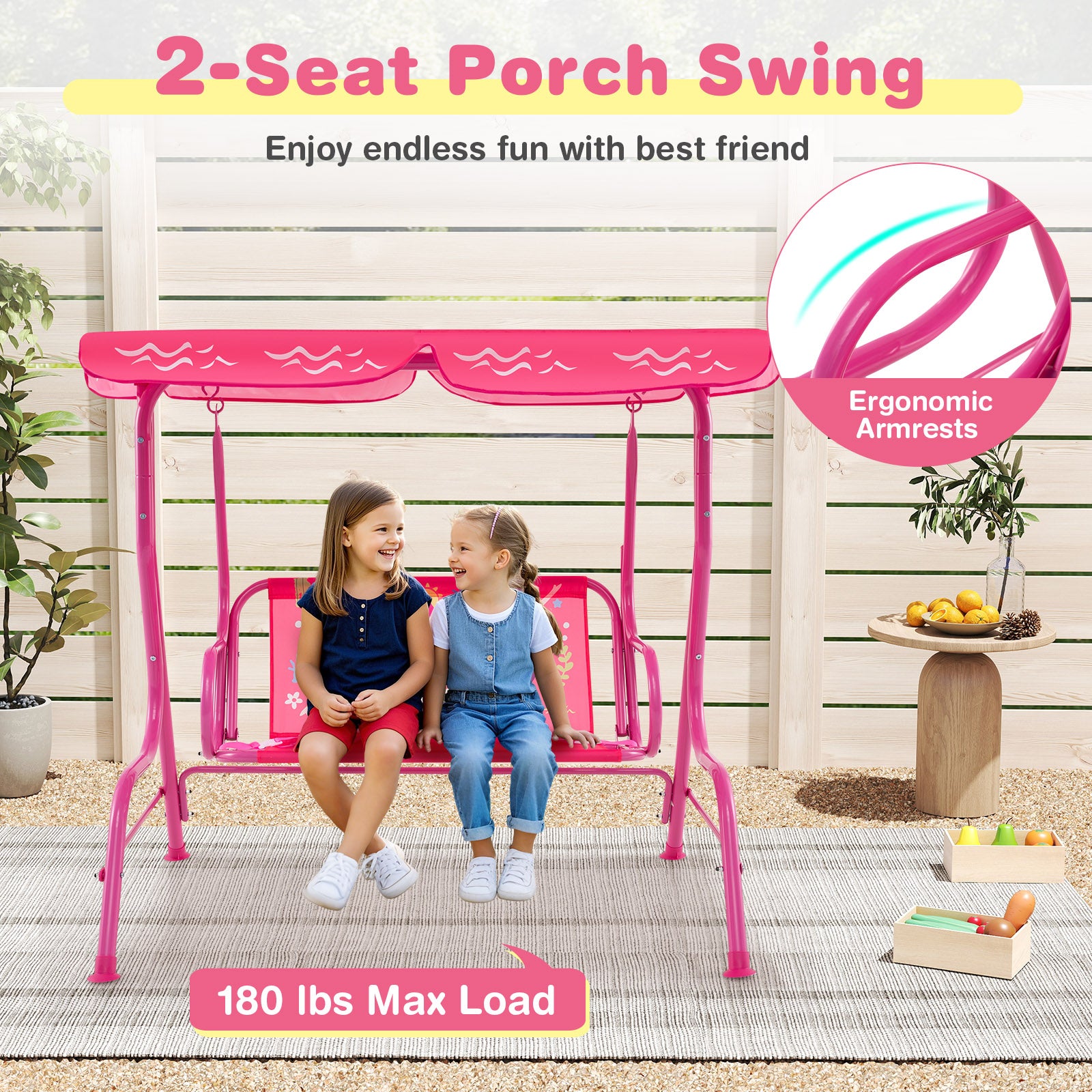 2-Seater Kids Patio Swing with Metal Stand and Adjustable Canopy, Pink Swing & Playsets at Gallery Canada