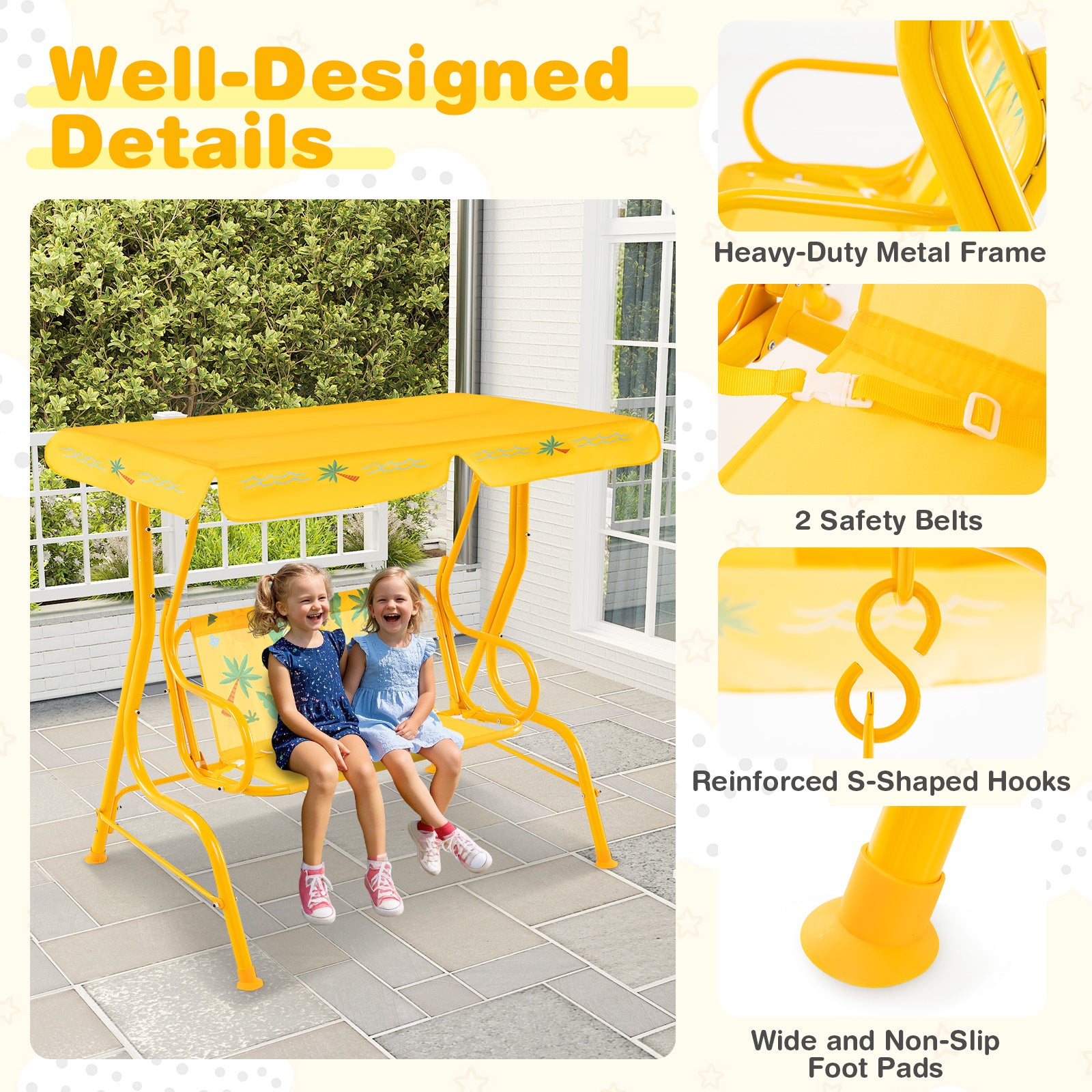 2-Seater Kids Patio Swing with Metal Stand and Adjustable Canopy, Yellow Swing & Playsets at Gallery Canada