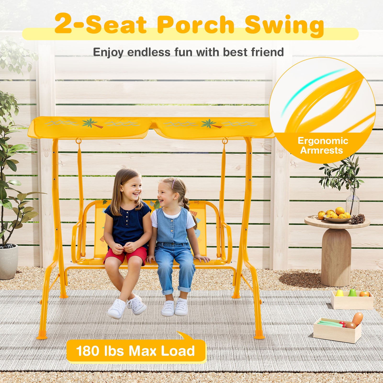 2-Seater Kids Patio Swing with Metal Stand and Adjustable Canopy, Yellow Swing & Playsets at Gallery Canada