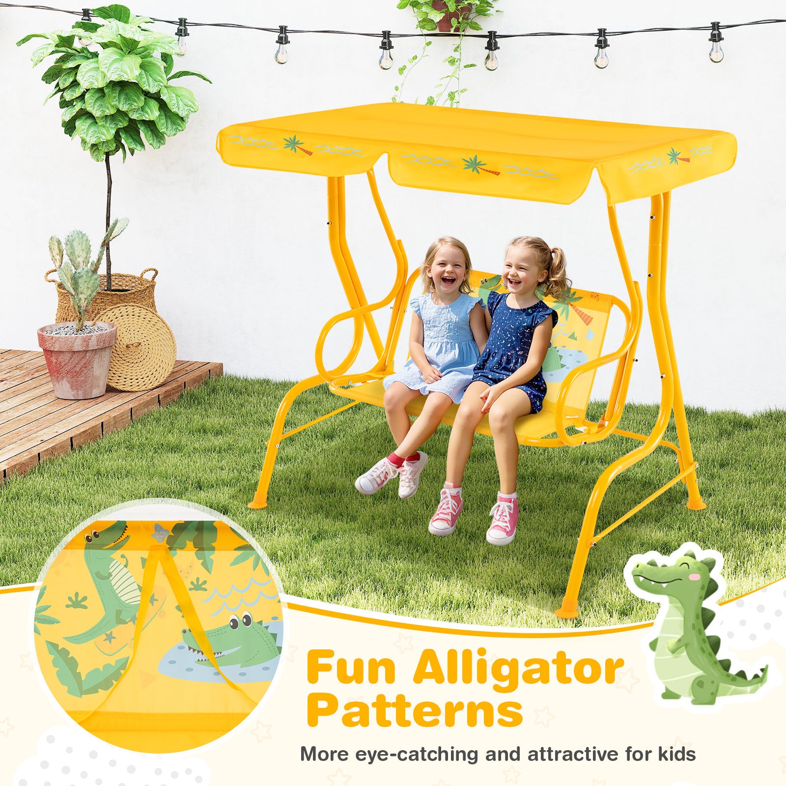 2-Seater Kids Patio Swing with Metal Stand and Adjustable Canopy, Yellow Swing & Playsets at Gallery Canada