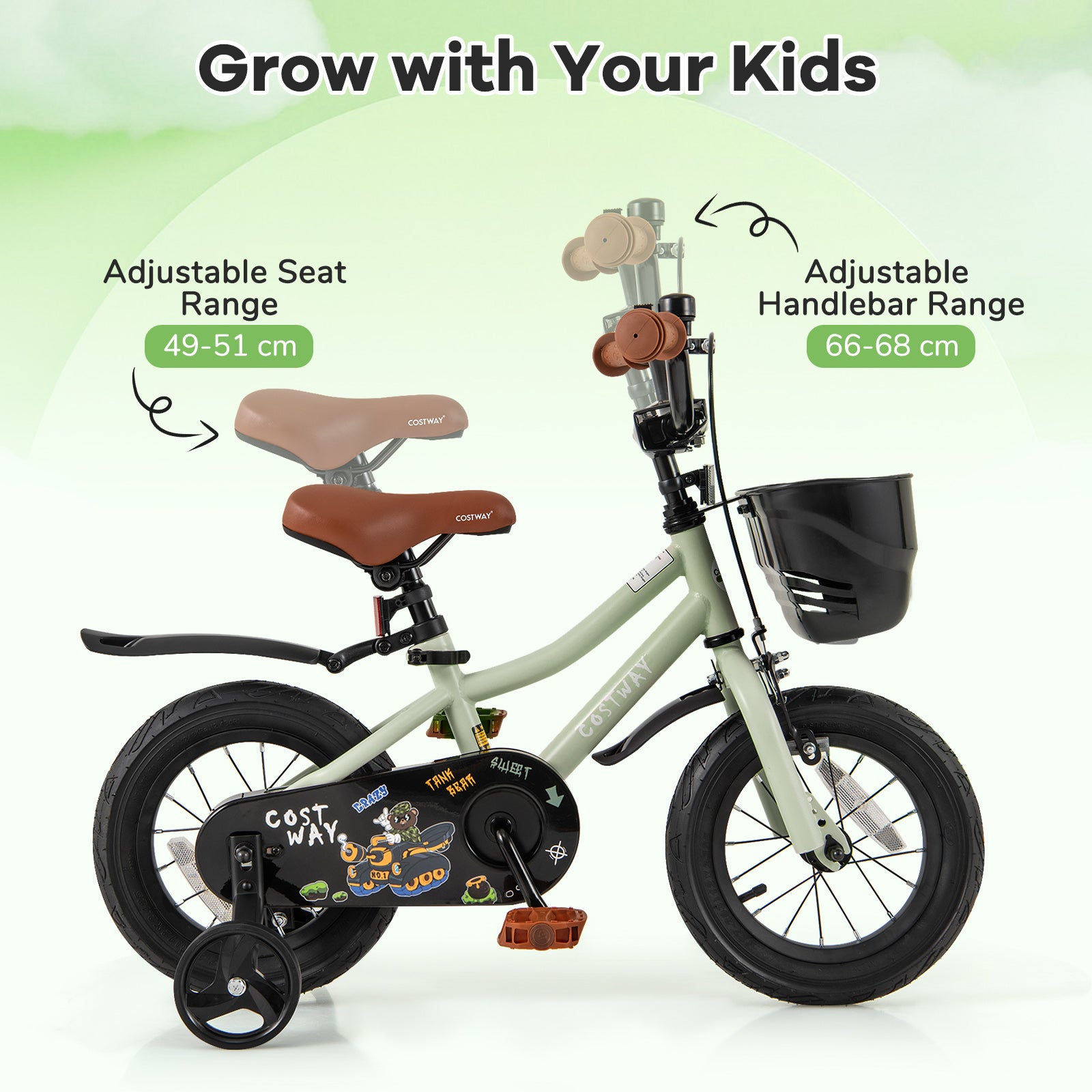 12-Inch Kids Bike Adjustable with Training Wheels for 3-4 Years Old, Green Kids Bike at Gallery Canada