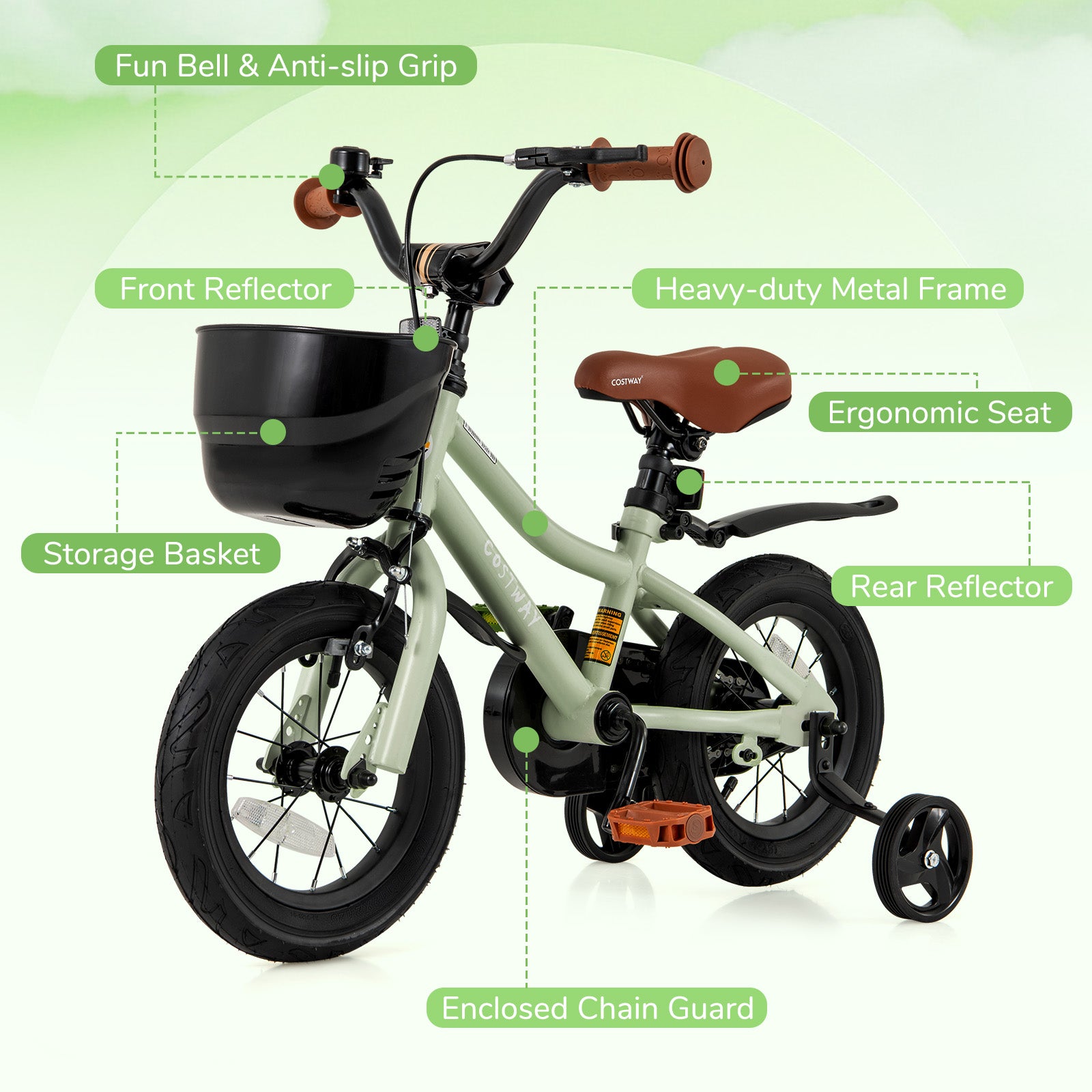 12-Inch Kids Bike Adjustable with Training Wheels for 3-4 Years Old, Green Kids Bike at Gallery Canada