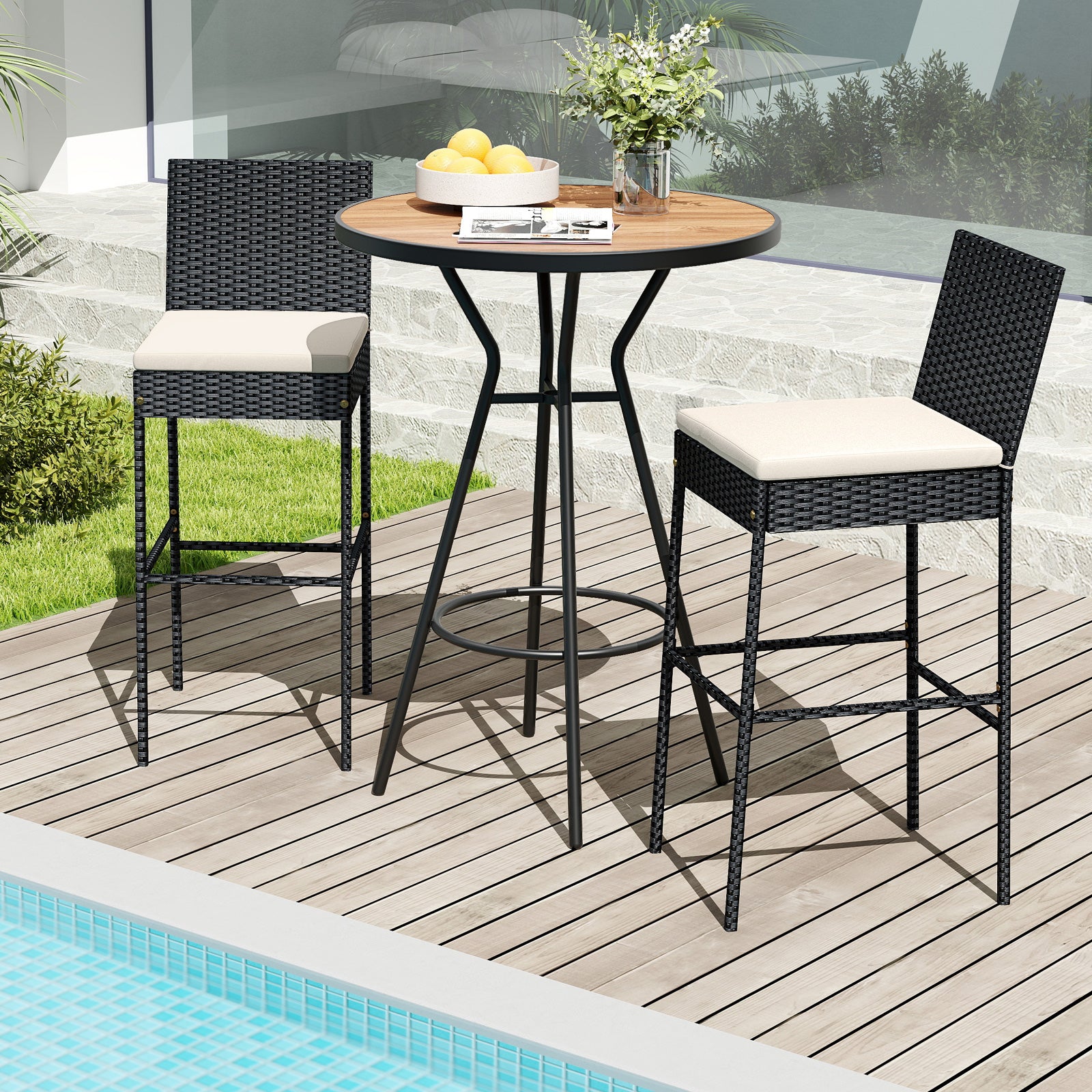 Patio Wicker Barstools with Footrest and Backrest Set of 4, Black Patio Bar Furniture at Gallery Canada