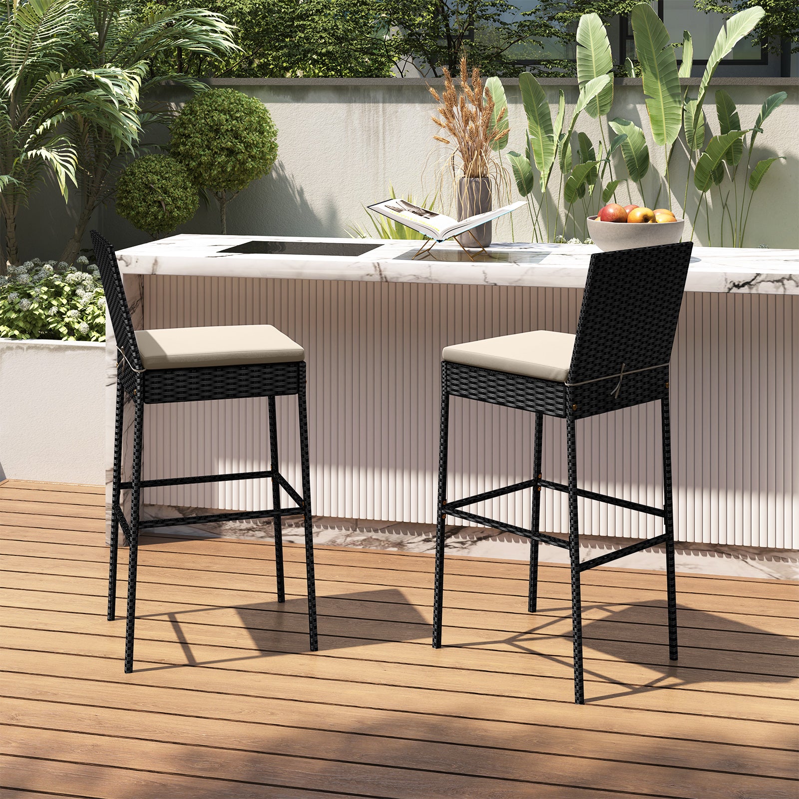 Patio Wicker Barstools with Footrest and Backrest Set of 4, Black Patio Bar Furniture at Gallery Canada