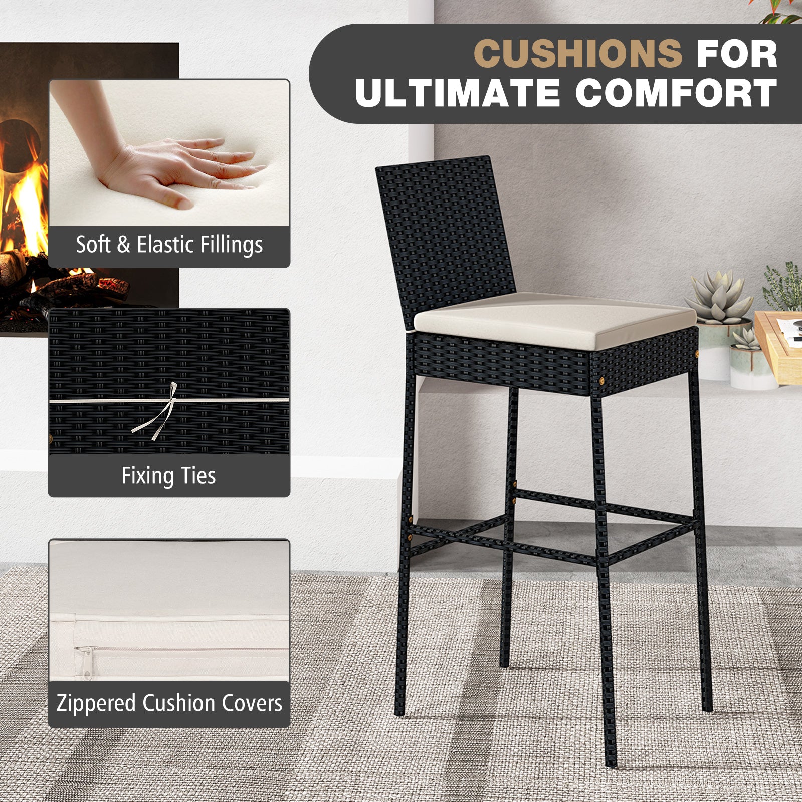 Patio Wicker Barstools with Footrest and Backrest Set of 4, Black Patio Bar Furniture at Gallery Canada