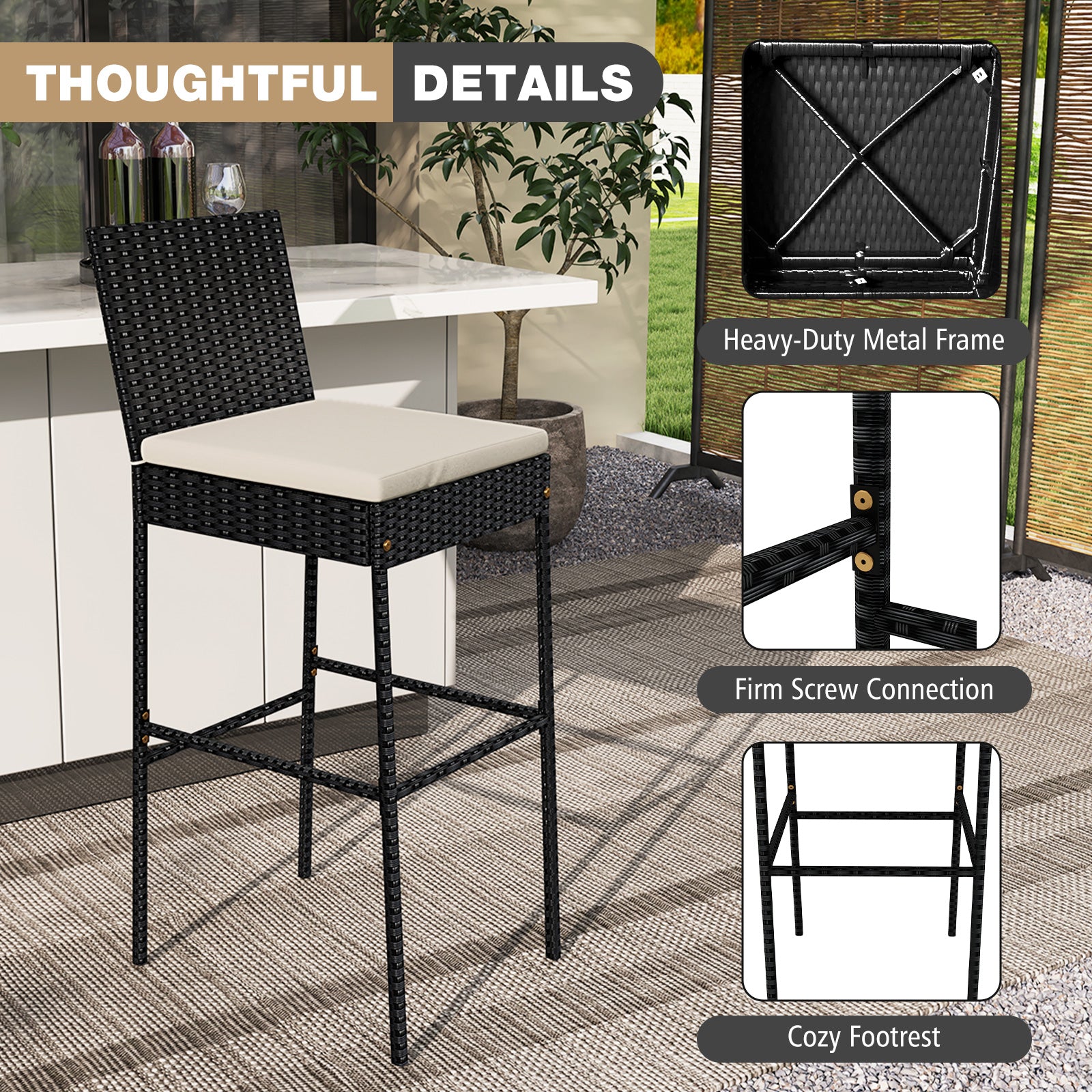 Patio Wicker Barstools with Footrest and Backrest Set of 4, Black Patio Bar Furniture at Gallery Canada