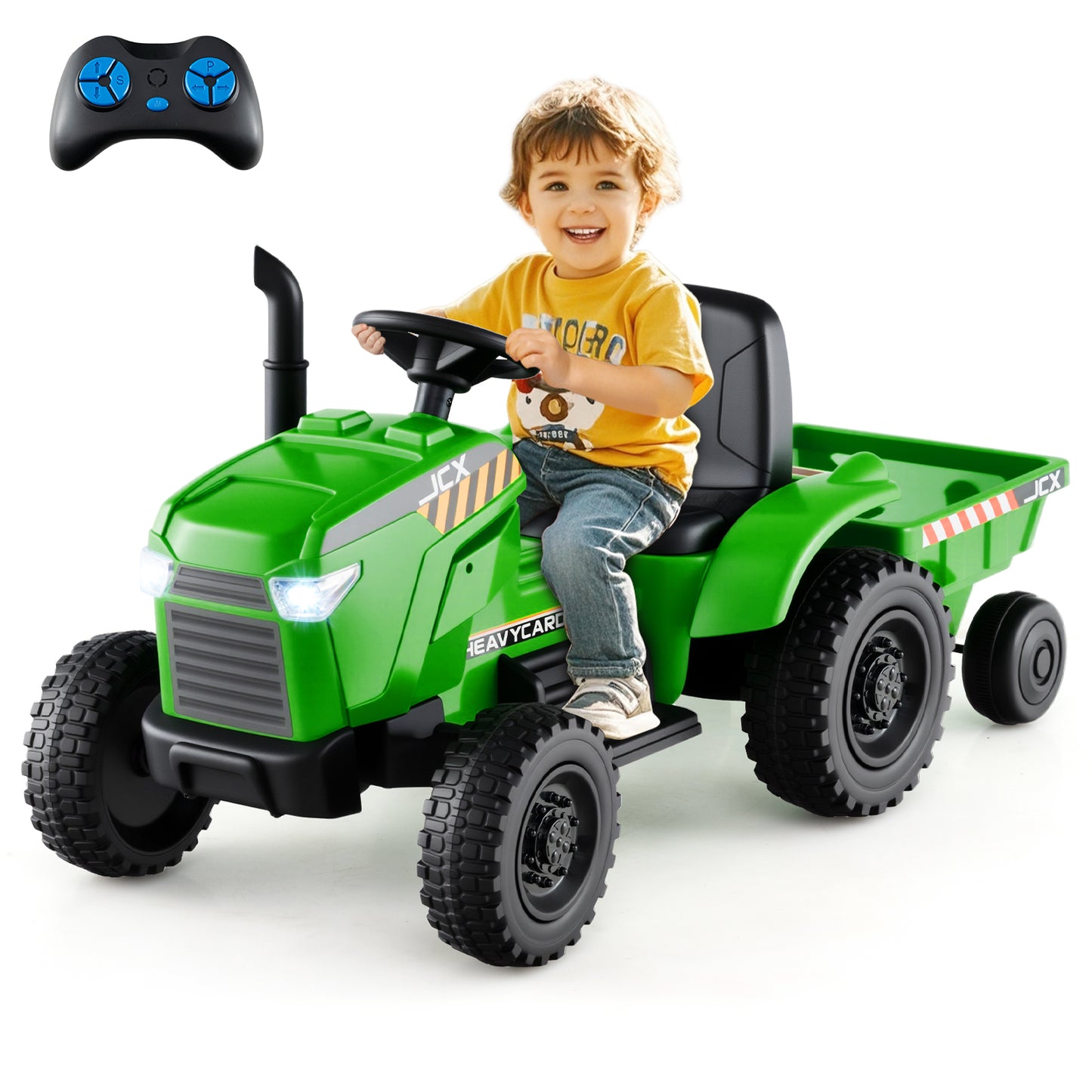12V 2-in-1 Kids Ride On Tractor with Trailer and 3-Gear Shift, Green Powered Ride On Toys at Gallery Canada