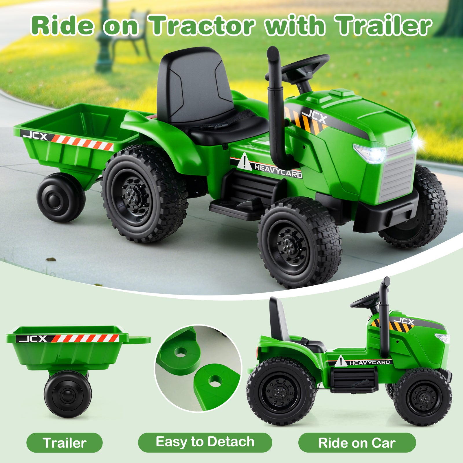 12V 2-in-1 Kids Ride On Tractor with Trailer and 3-Gear Shift, Green Powered Ride On Toys at Gallery Canada