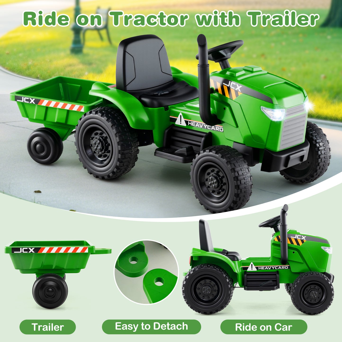 12V 2-in-1 Kids Ride On Tractor with Trailer and 3-Gear Shift, Green Powered Ride On Toys at Gallery Canada