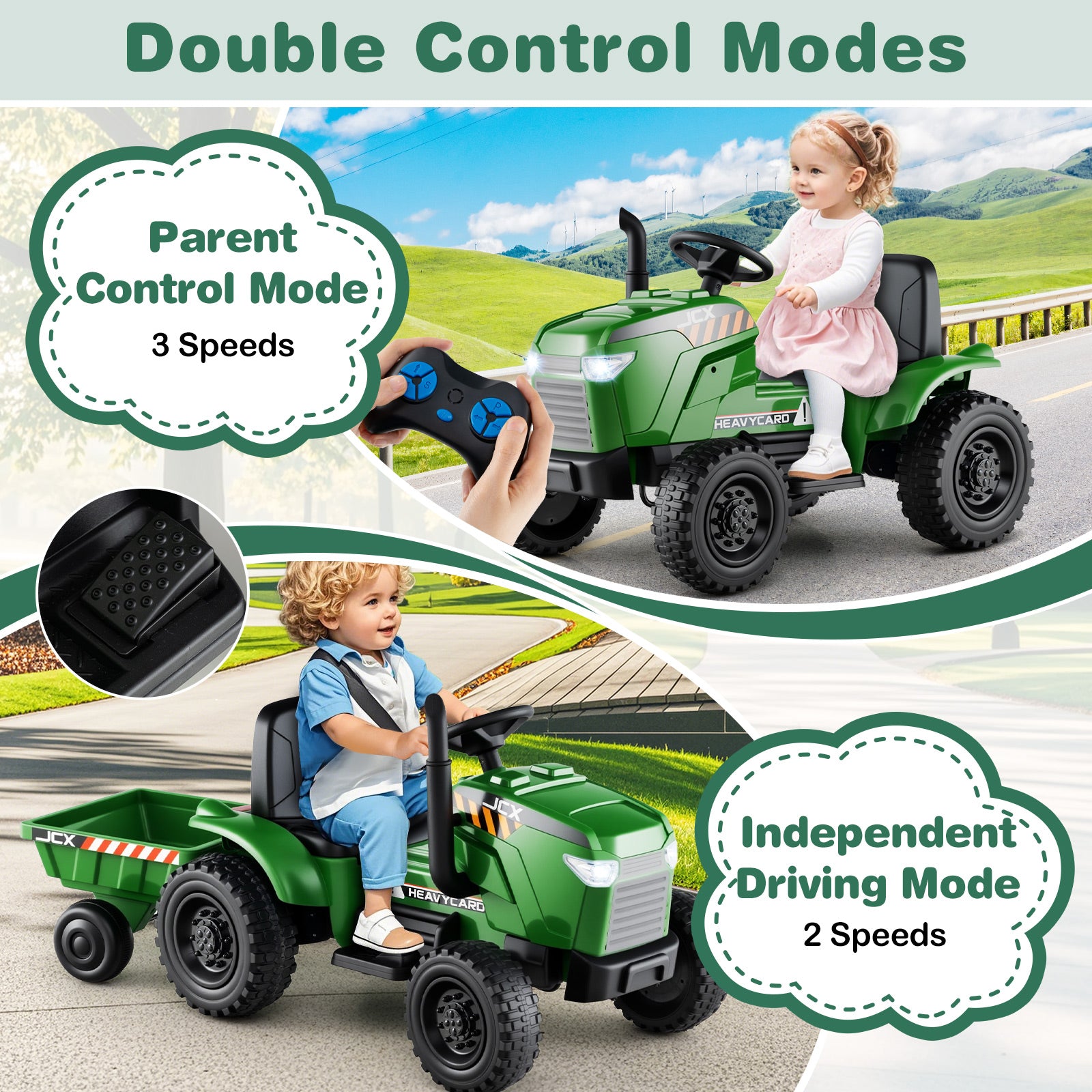 12V 2-in-1 Kids Ride On Tractor with Trailer and 3-Gear Shift-Grayish Green, Gradient Gray Powered Ride On Toys at Gallery Canada