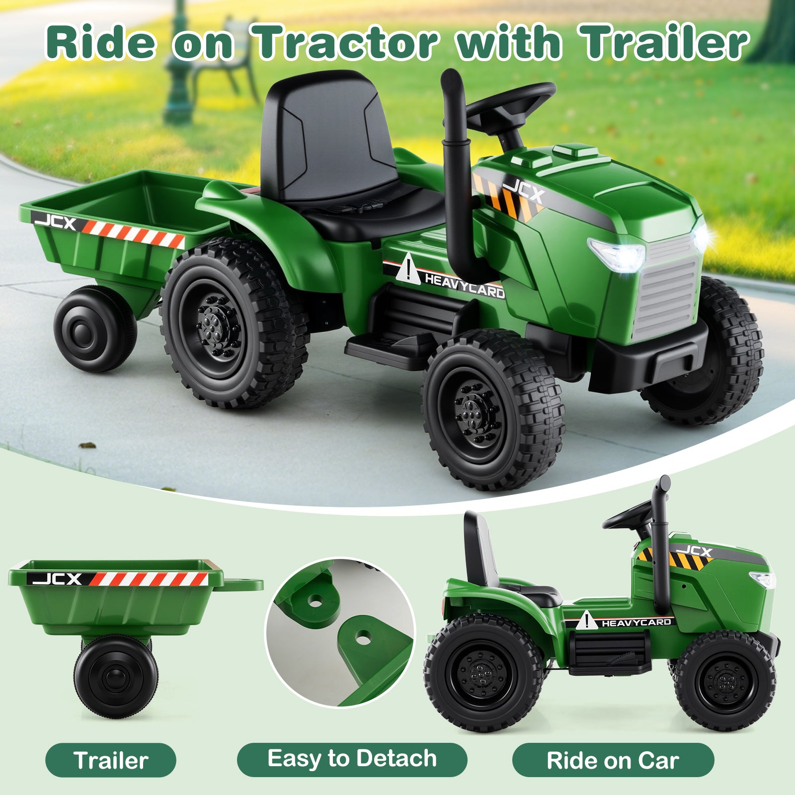 12V 2-in-1 Kids Ride On Tractor with Trailer and 3-Gear Shift-Grayish Green, Gradient Gray Powered Ride On Toys at Gallery Canada