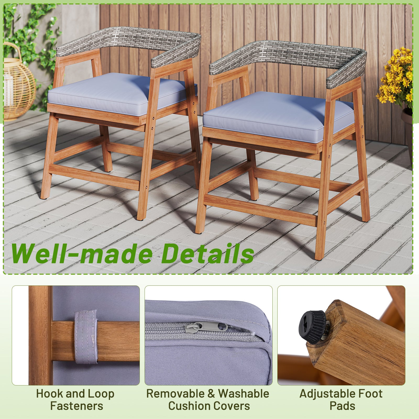Outdoor Acacia Wood Patio Wicker Dining Chairs Set of 4 with Seat Cushion, Gray Patio Dining Chairs at Gallery Canada