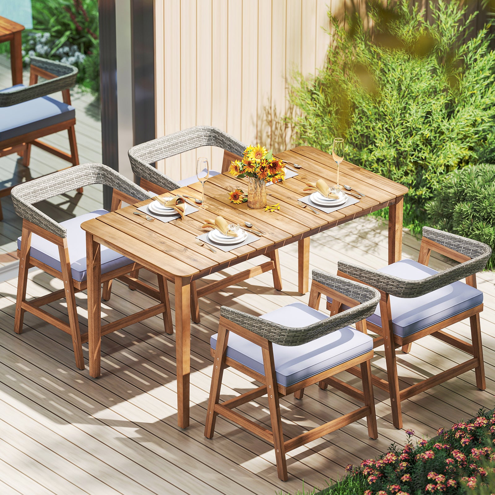 Outdoor Acacia Wood Patio Wicker Dining Chairs Set of 4 with Seat Cushion, Gray Patio Dining Chairs at Gallery Canada