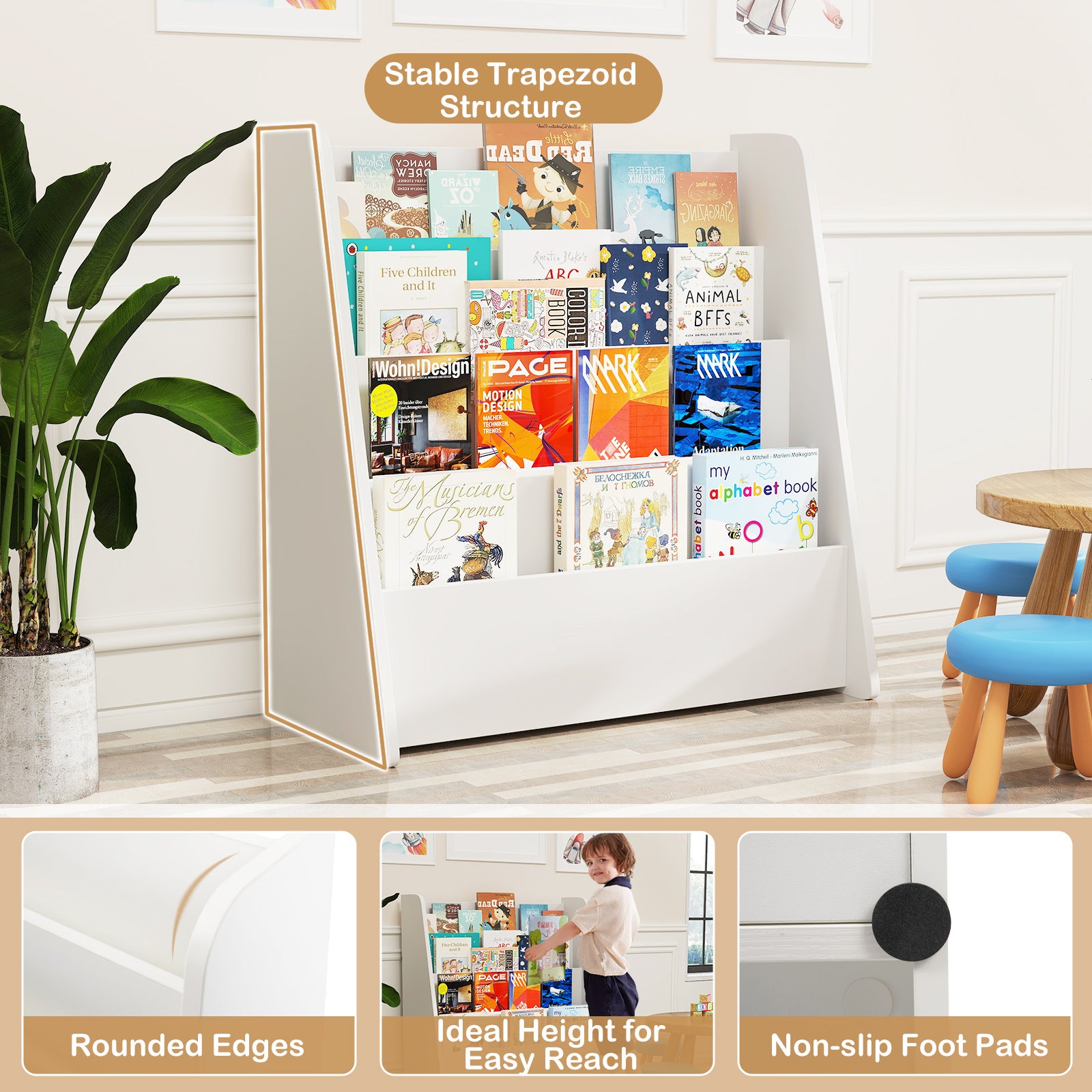 4-Tier Kids Bookshelf with Deep Compartments for Bedroom, White Kids Storage at Gallery Canada