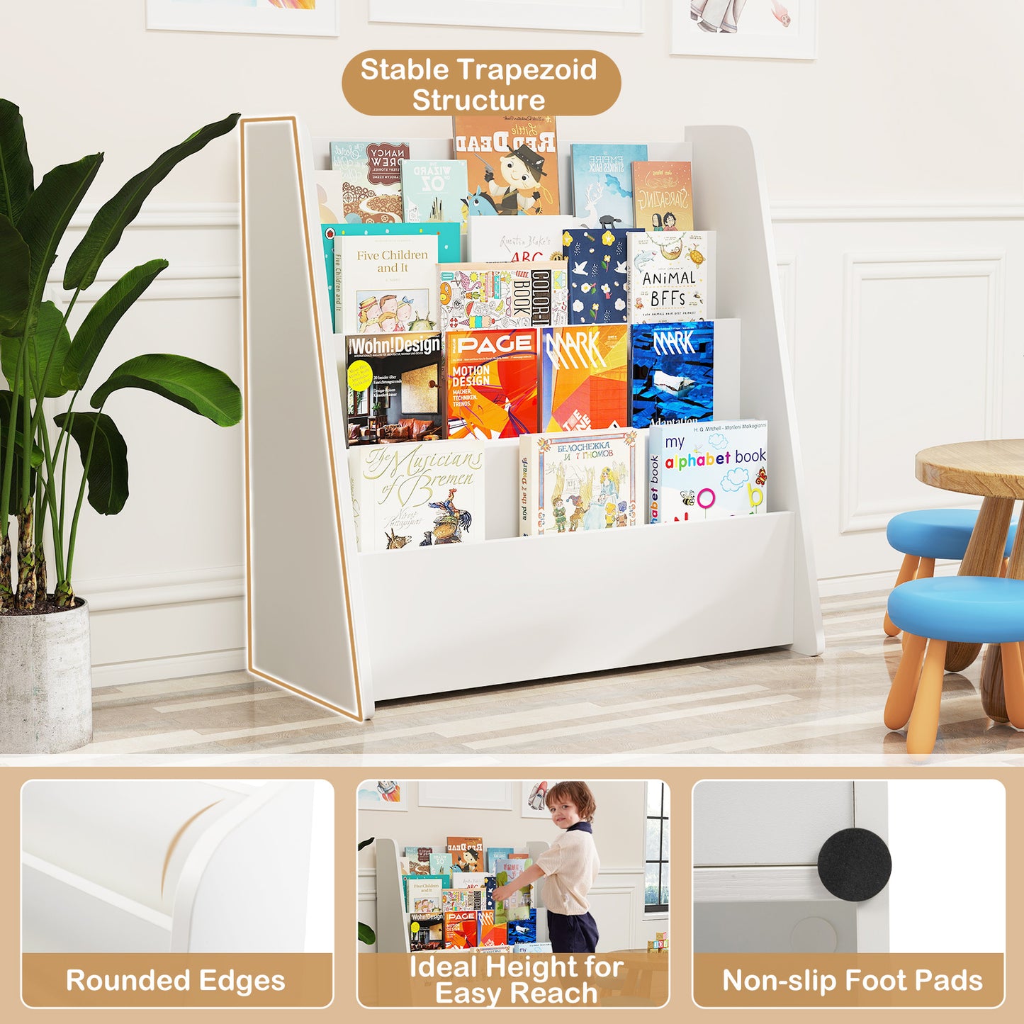4-Tier Kids Bookshelf with Deep Compartments for Bedroom, White Kids Storage at Gallery Canada