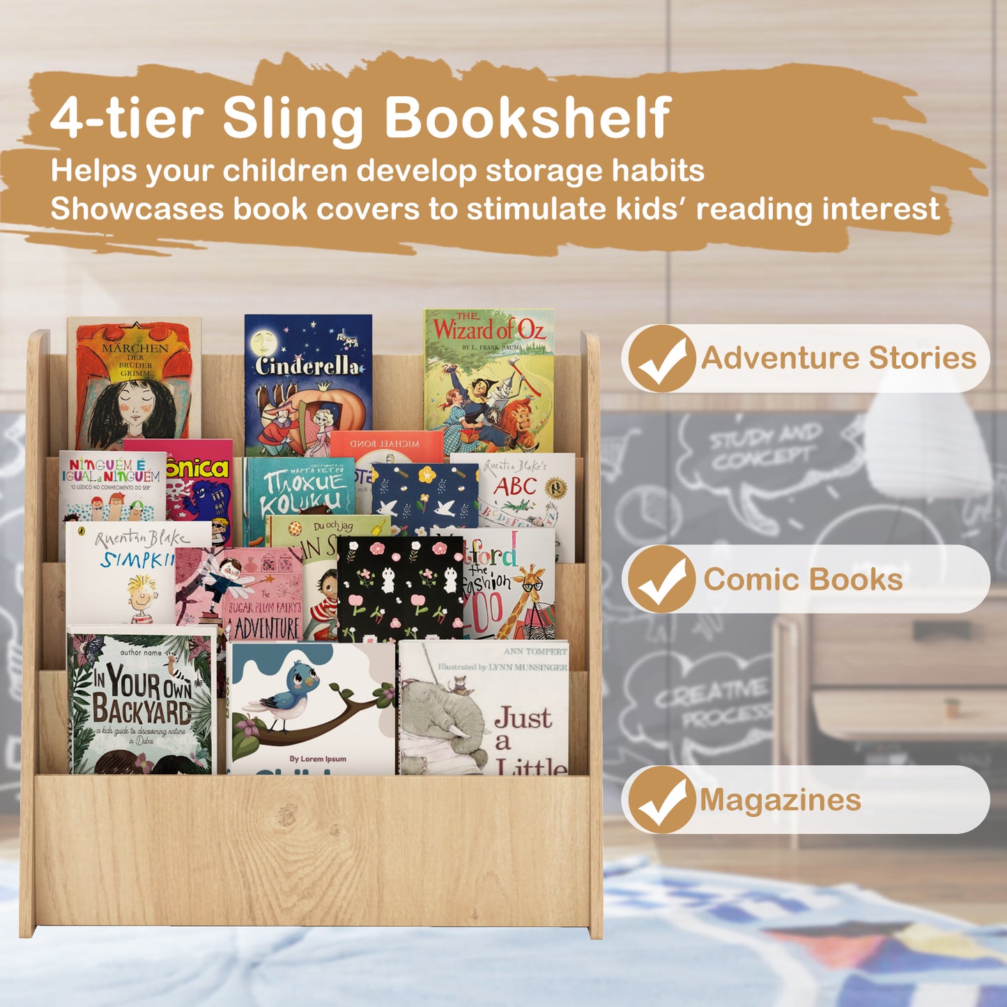 4-Tier Kids Bookshelf with Deep Compartments for Bedroom, Natural Kids Storage at Gallery Canada