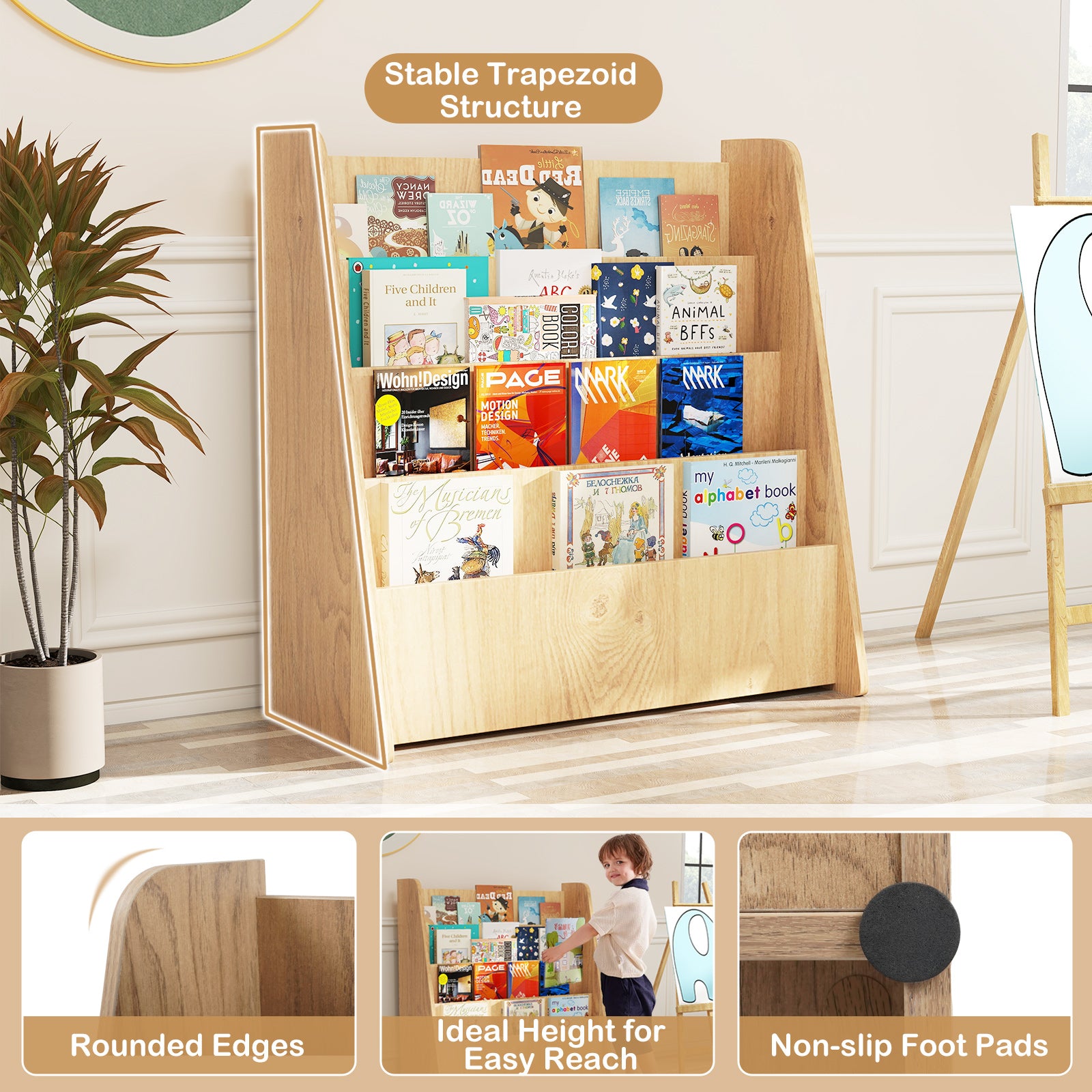 4-Tier Kids Bookshelf with Deep Compartments for Bedroom, Natural Kids Storage at Gallery Canada
