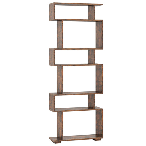 6-Tier Geometric Bookshelf with 2 Anti-Tipping Kits for Home Office, Rustic Brown