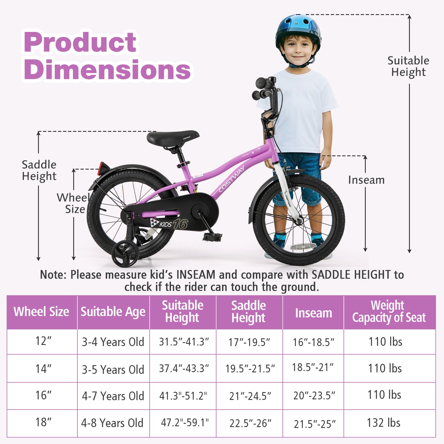 Kids Bike 16-Inch Children Training Bicycle with 2 Brake for 4-7 Years Old, Purple Kids Bike at Gallery Canada