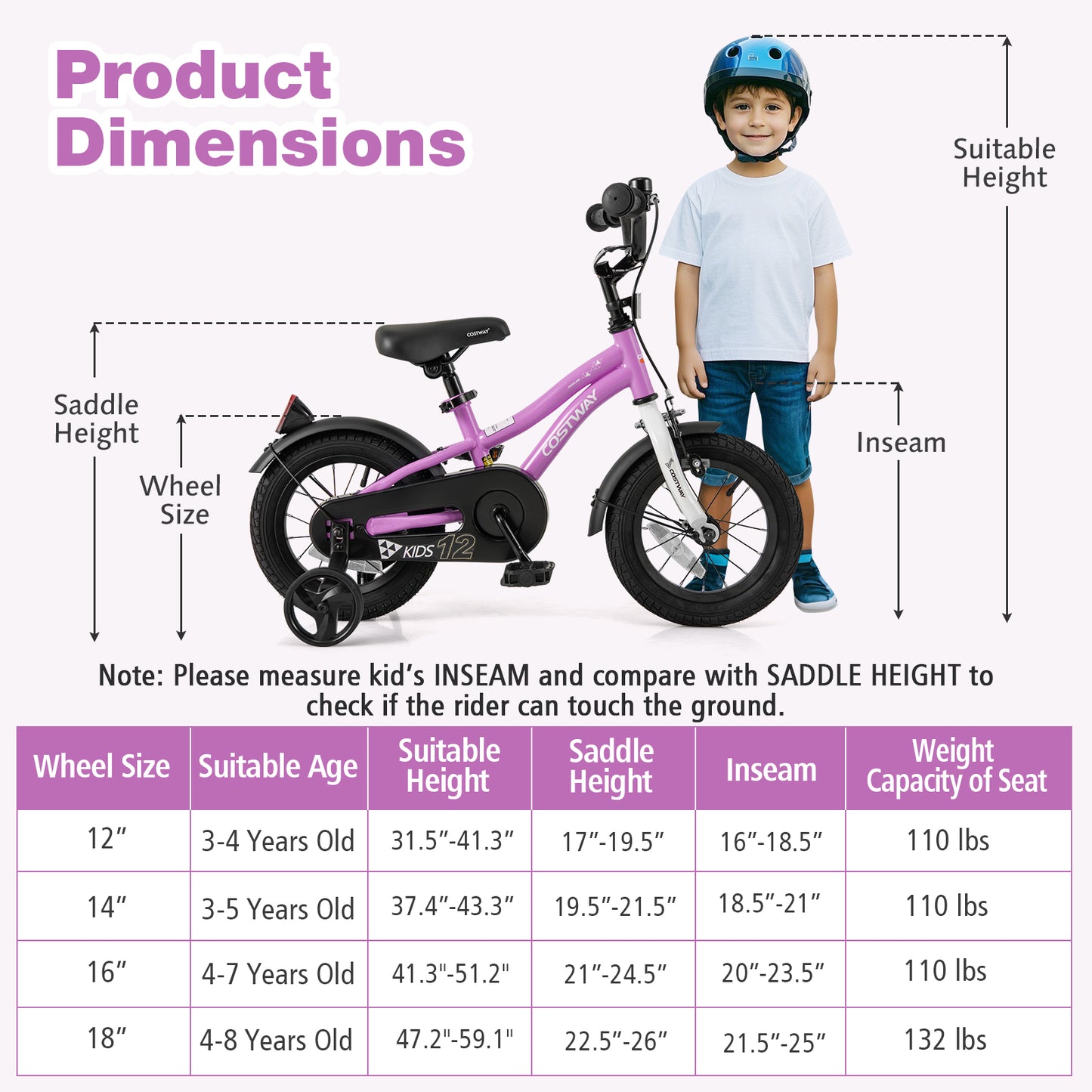 Kids Bike 12-Inch Children Training Bicycle with 2 Brake for 3-4 Years Old, Purple Kids Bike at Gallery Canada