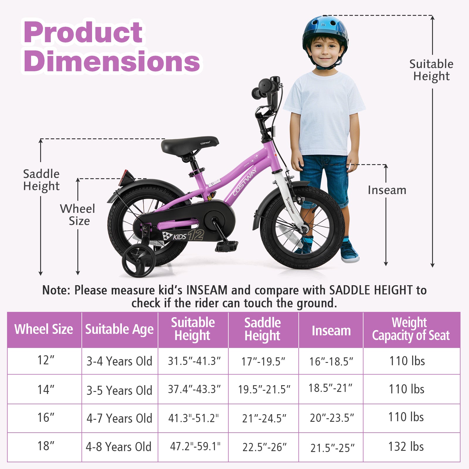 Kids Bike 12-Inch Children Training Bicycle with 2 Brake for 3-4 Years Old, Purple Kids Bike at Gallery Canada